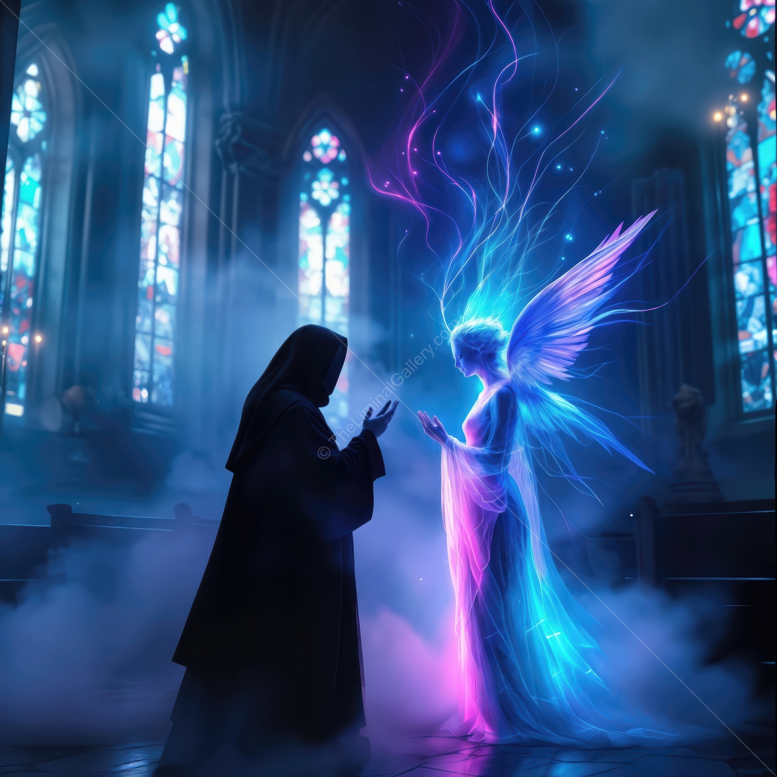 Ethereal encounter in a mystical church with a nun and a radiant spirit during twilight hours