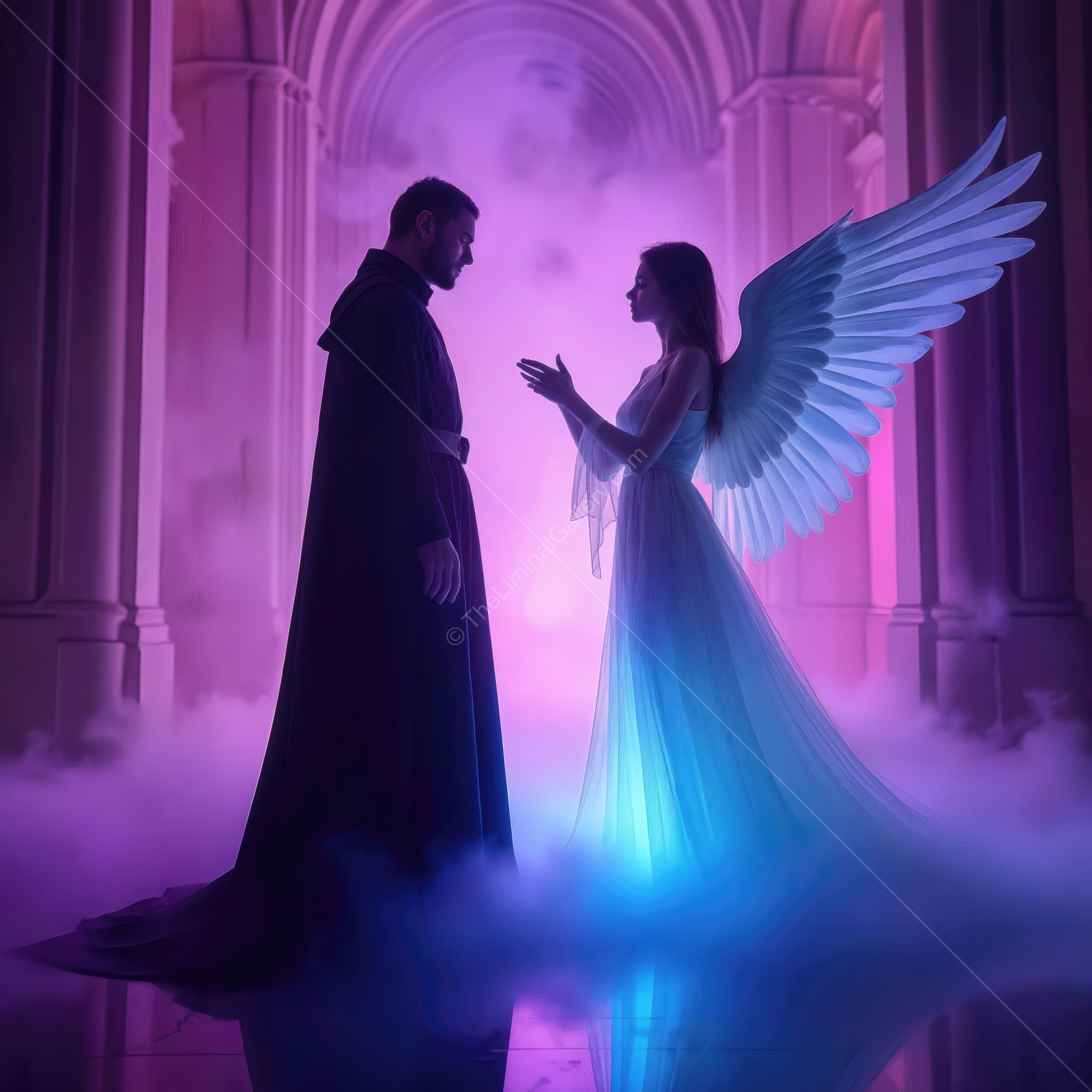 Mystical encounter between a cloaked figure and a luminous angel in a dreamlike setting during twilight hours