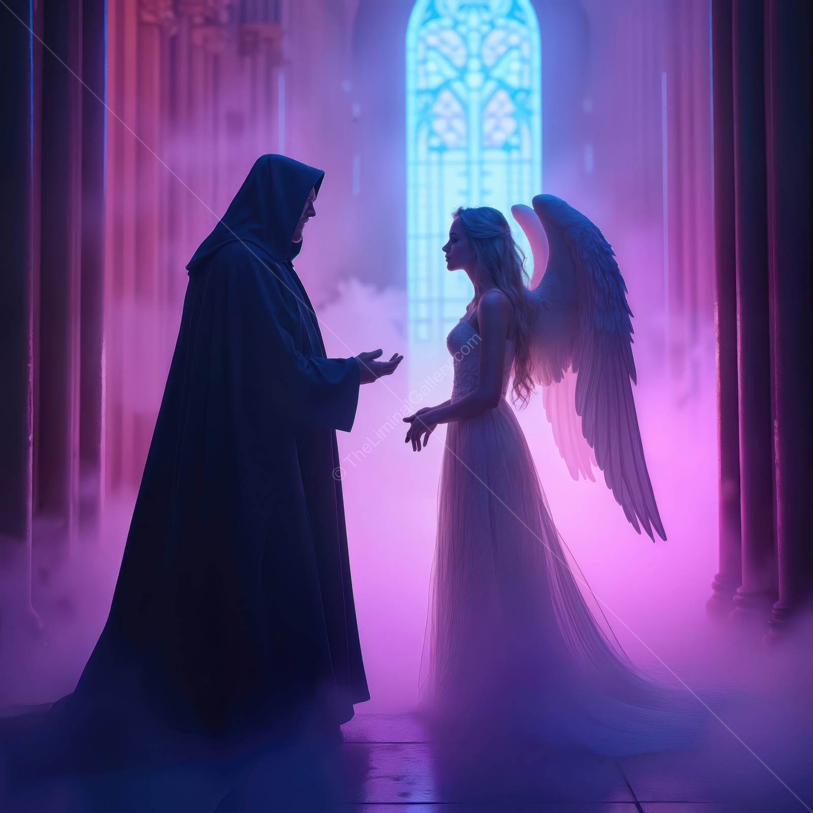 Ethereal encounter between a cloaked figure and an angelic spirit in a mystical cathedral at dawn