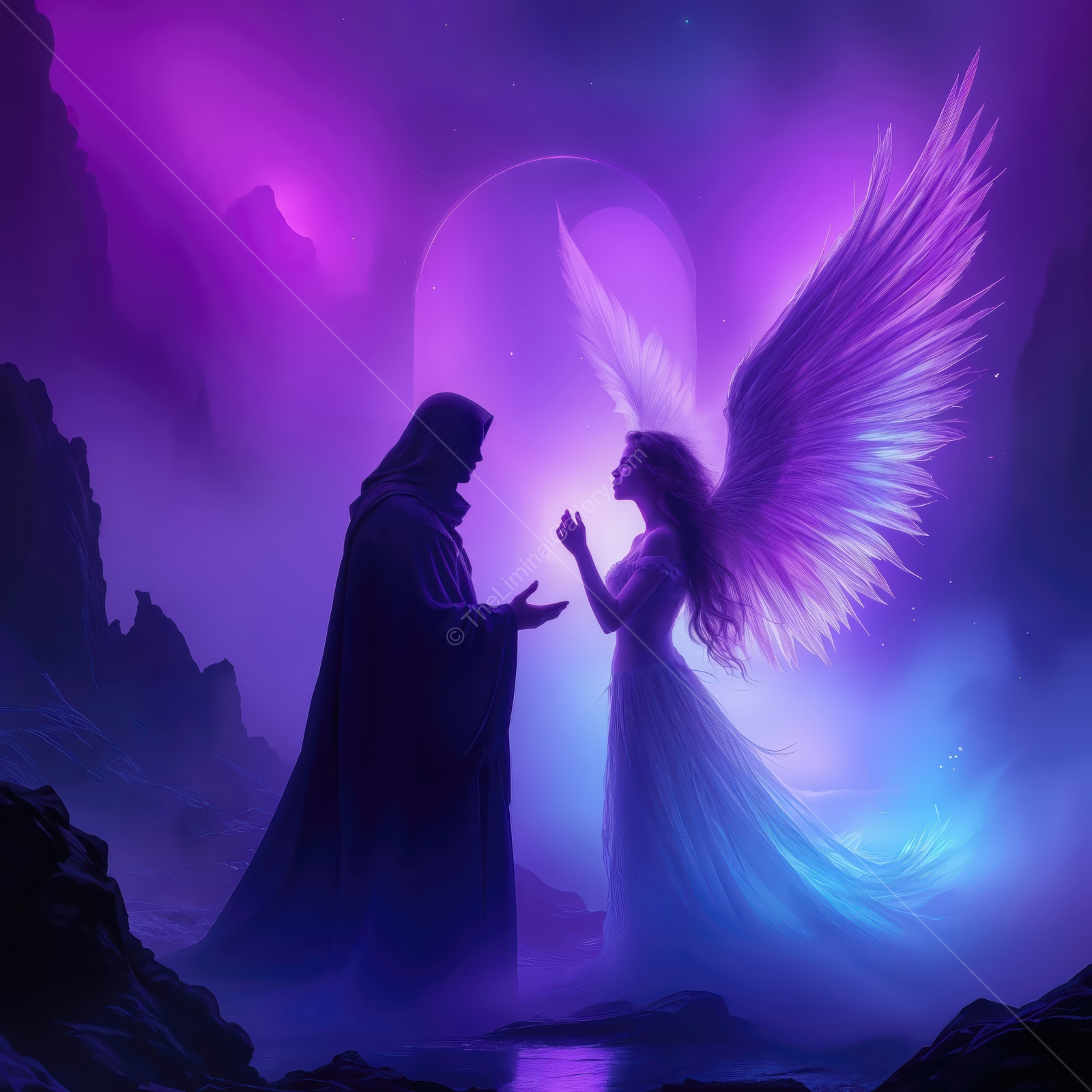 Illuminated encounter between a mysterious figure and a radiant angel in a mystical landscape at twilight