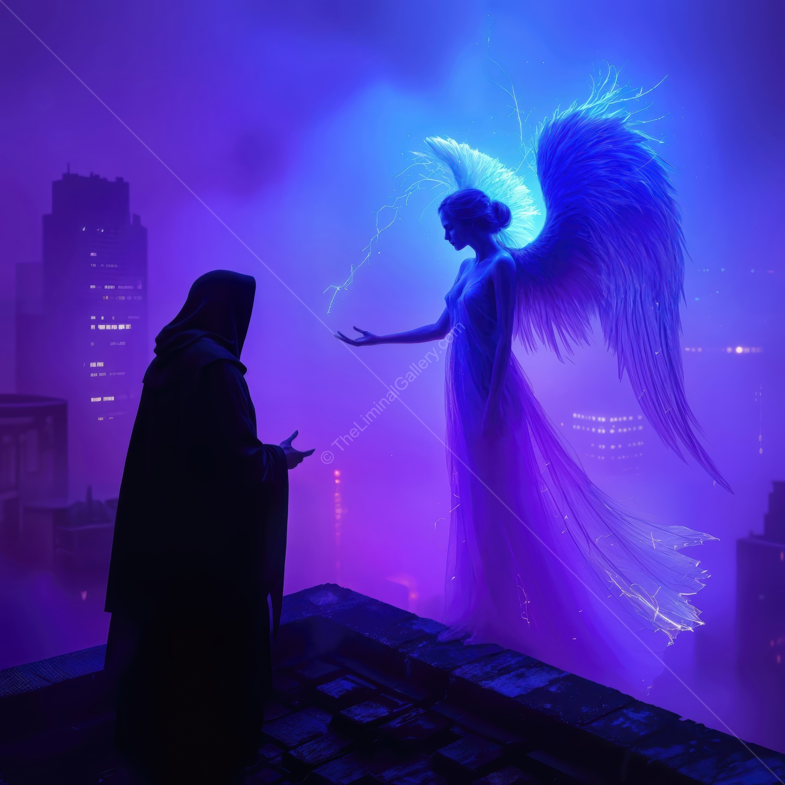 Celestial encounter between a cloaked figure and an ethereal angel in a neon-lit urban landscape