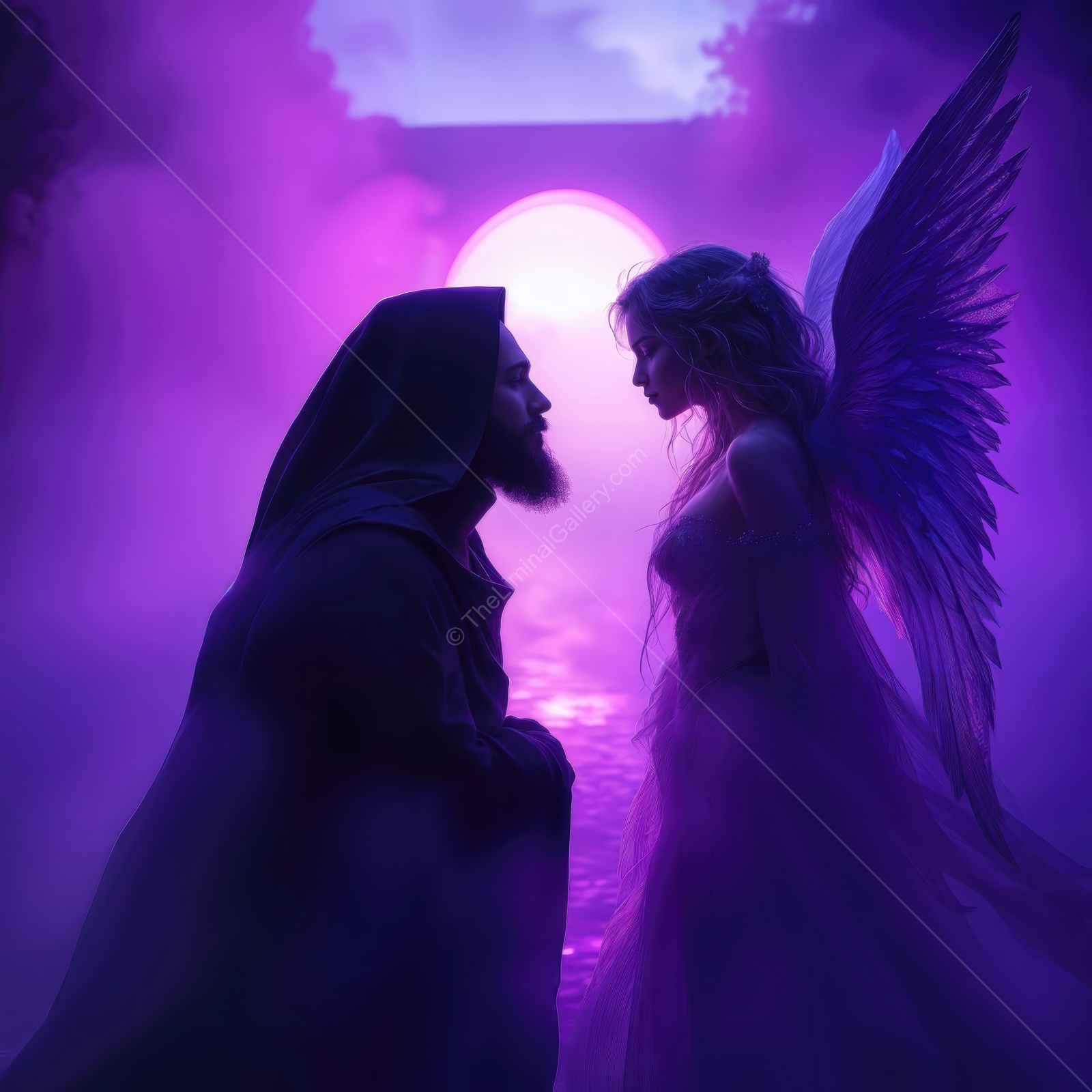 Enchantment unfolds in a mystical meeting between a cloaked figure and an ethereal being by a mystical waterway at dusk