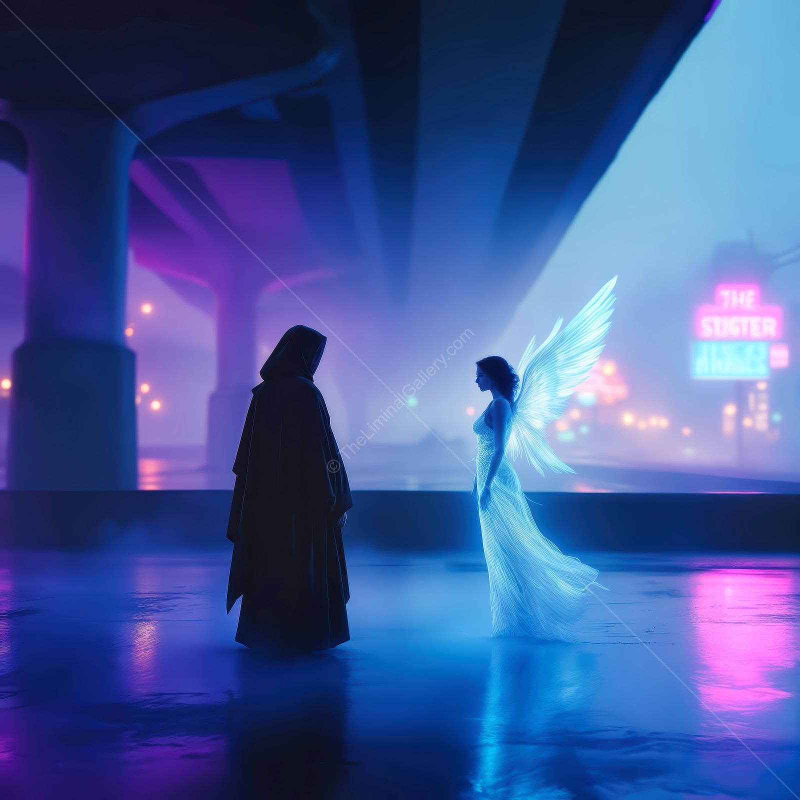 Mysterious encounter between a cloaked figure and a luminous angel under urban lights at night