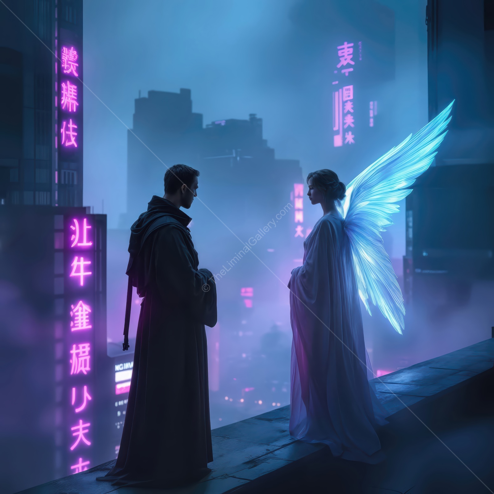 A surreal encounter between a cloaked figure and a luminous winged being in a neon cityscape at twilight