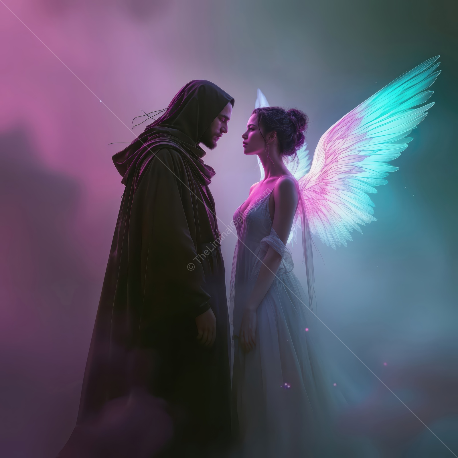 Enchanting encounter between a cloaked figure and a mystical being in a dreamlike realm filled with vibrant colors