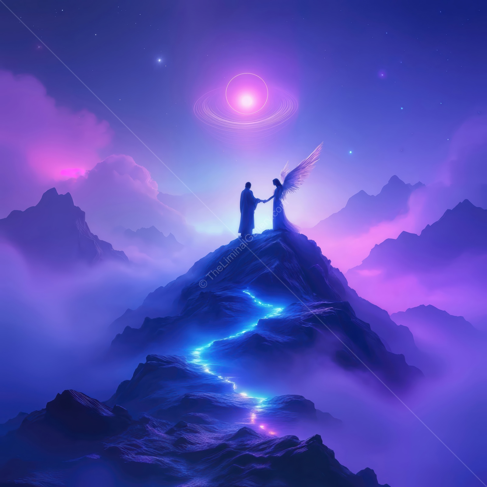 Mystical encounter on a cosmic mountain at twilight with glowing pathways and celestial backgrounds