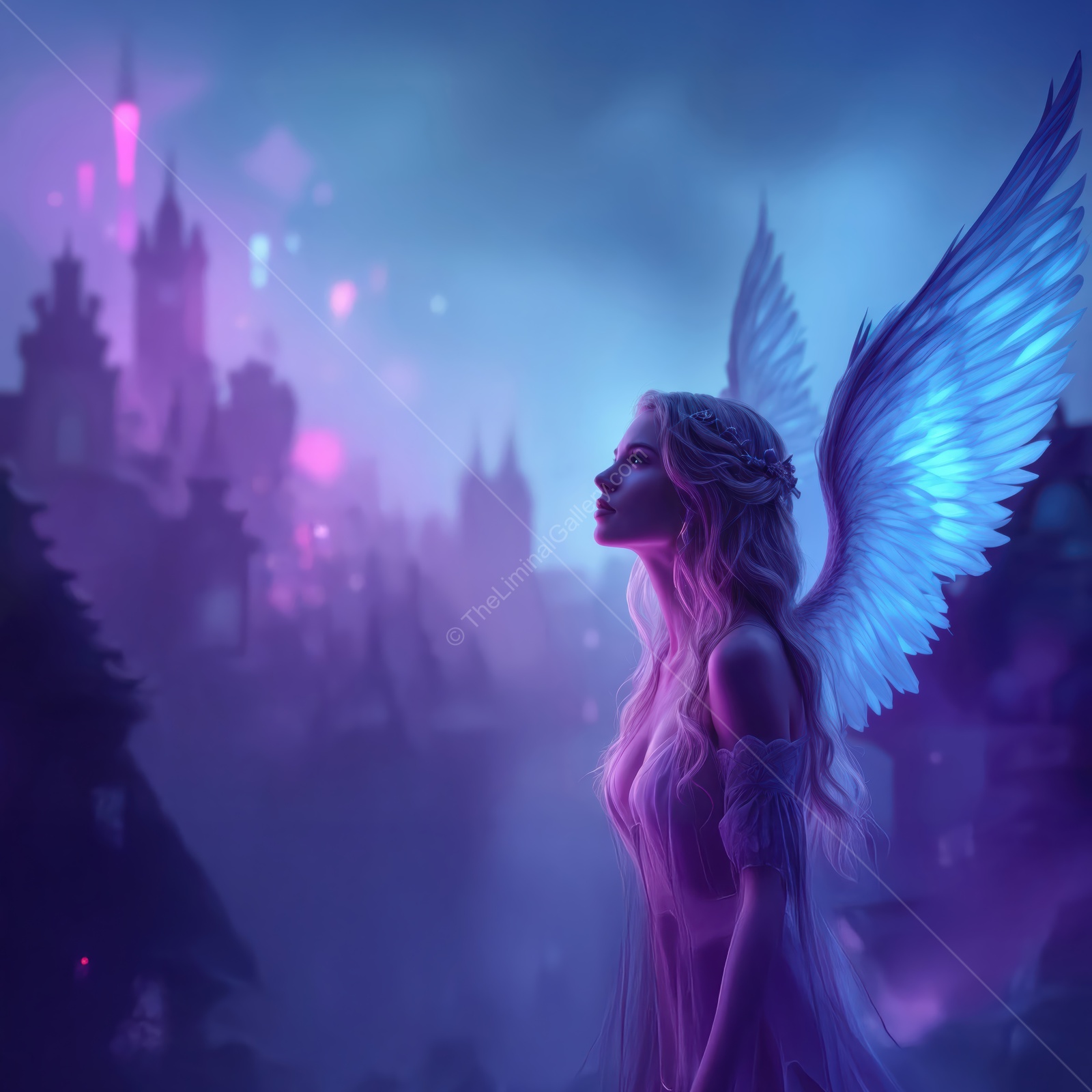 Enchanted angel stands in twilight over a mystical city illuminated by magical lights and colors