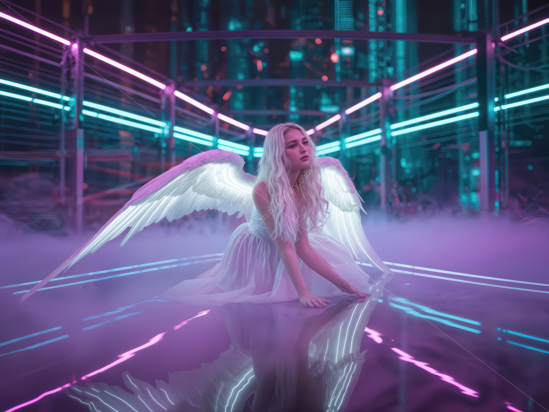 Ethereal figure with wings in a futuristic neon-tinged setting surrounded by mist and illuminated lines