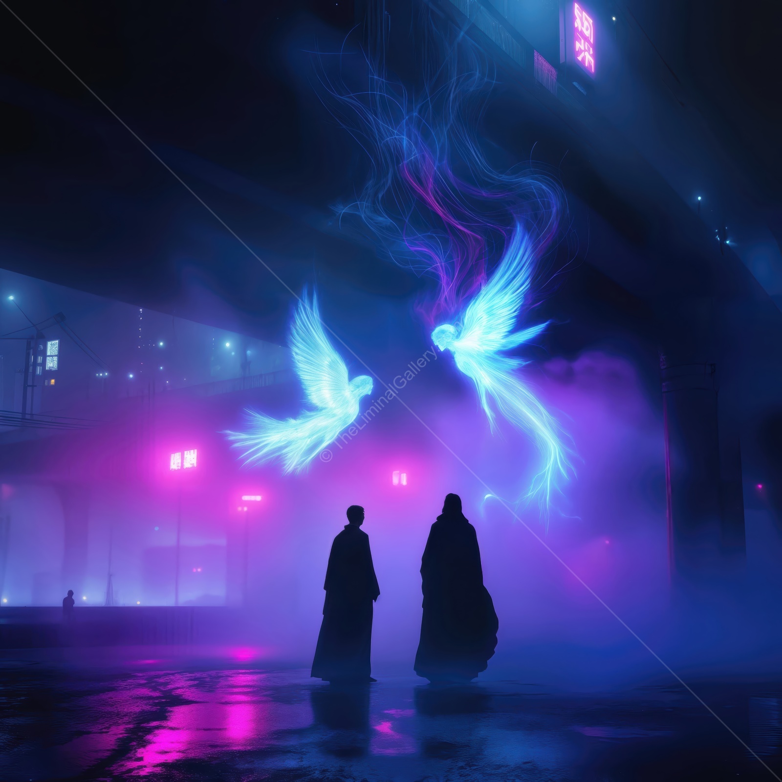 Bright lights and ethereal angels create a magical moment in a dark, misty urban setting