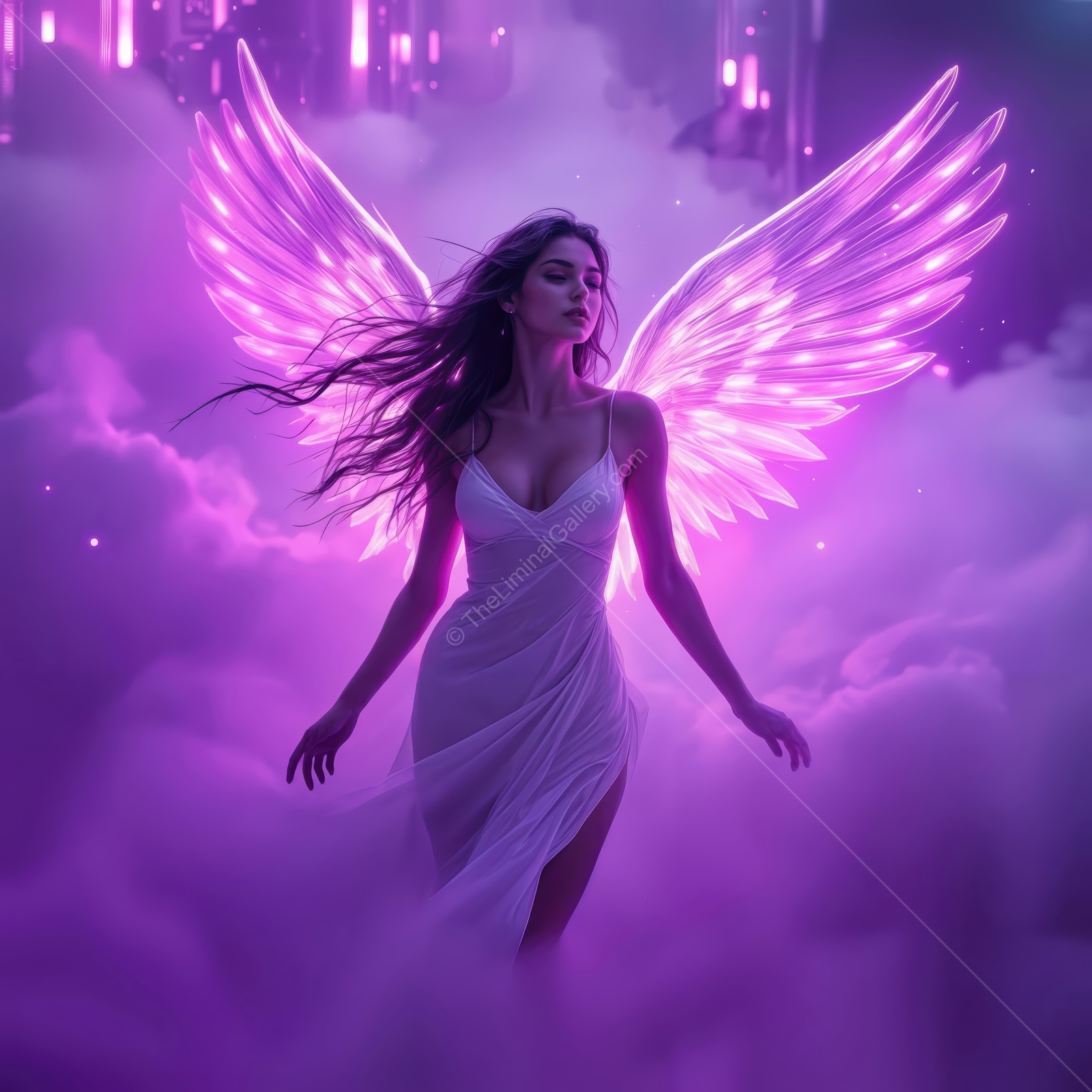 Ethereal figure with glowing wings walks through mystical fog in a dreamlike landscape