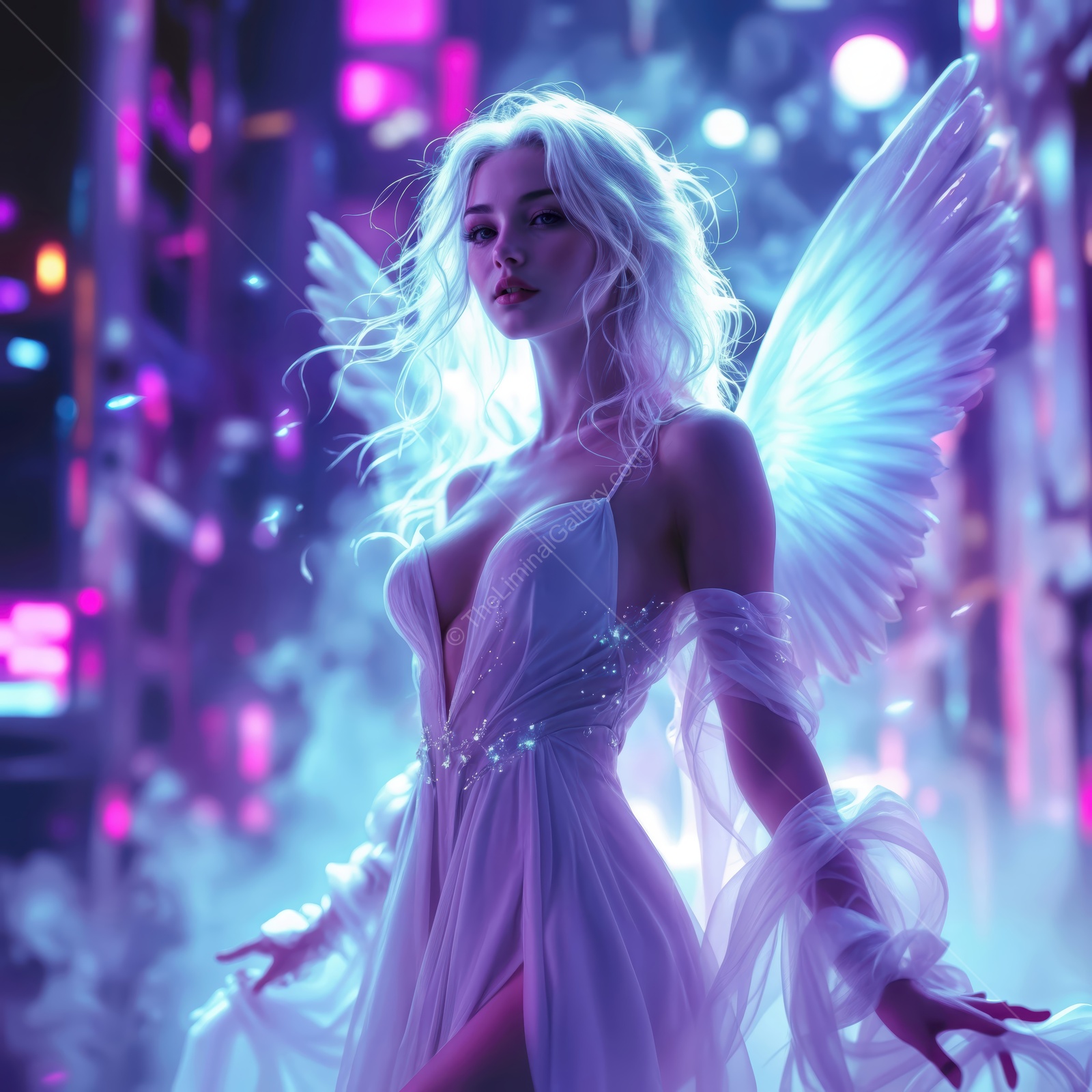 Ethereal figure with glowing wings surrounded by vibrant neon lights in an otherworldly setting