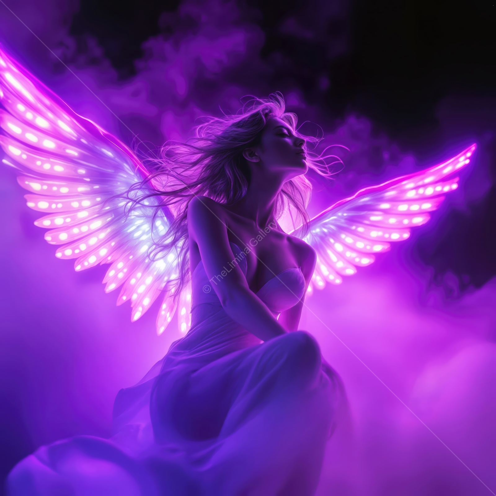 Ethereal figure with glowing wings amidst a purple mist creating a magical atmosphere