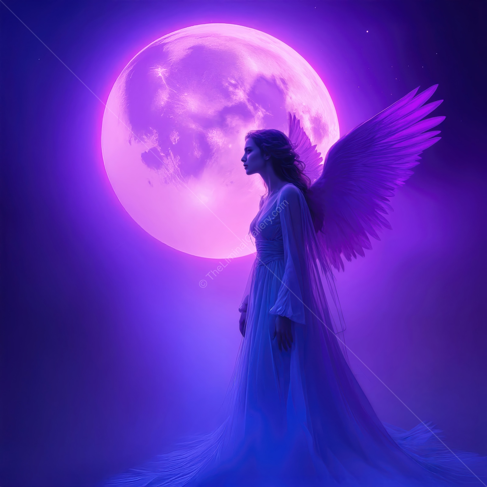 Ethereal figure stands beneath a luminous moon, surrounded by mist and magic in a dreamlike nightscape