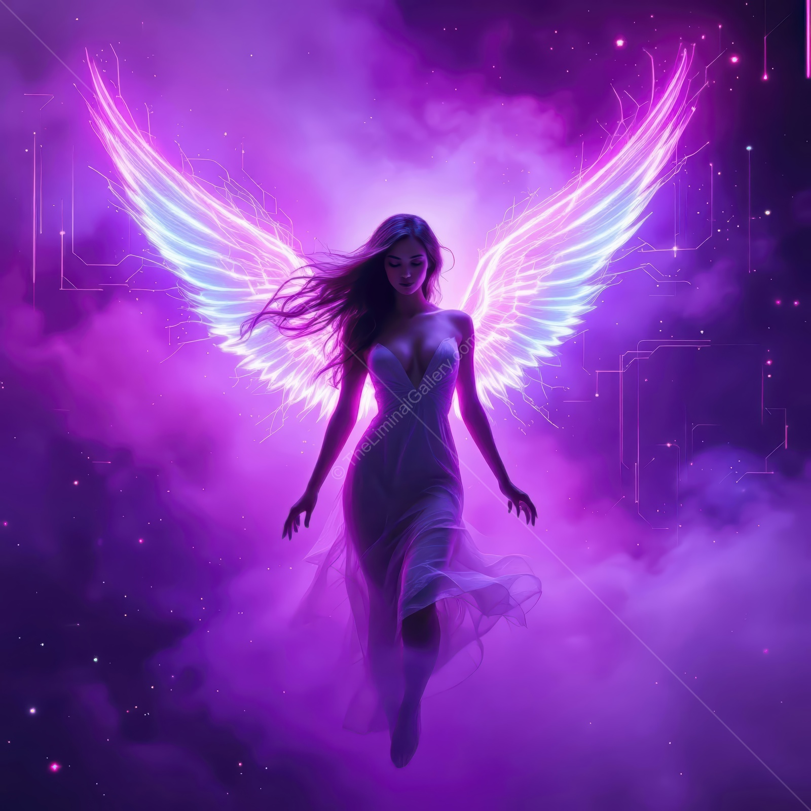 Ethereal figure with luminous wings floating in a cosmic realm of purple and blue hues