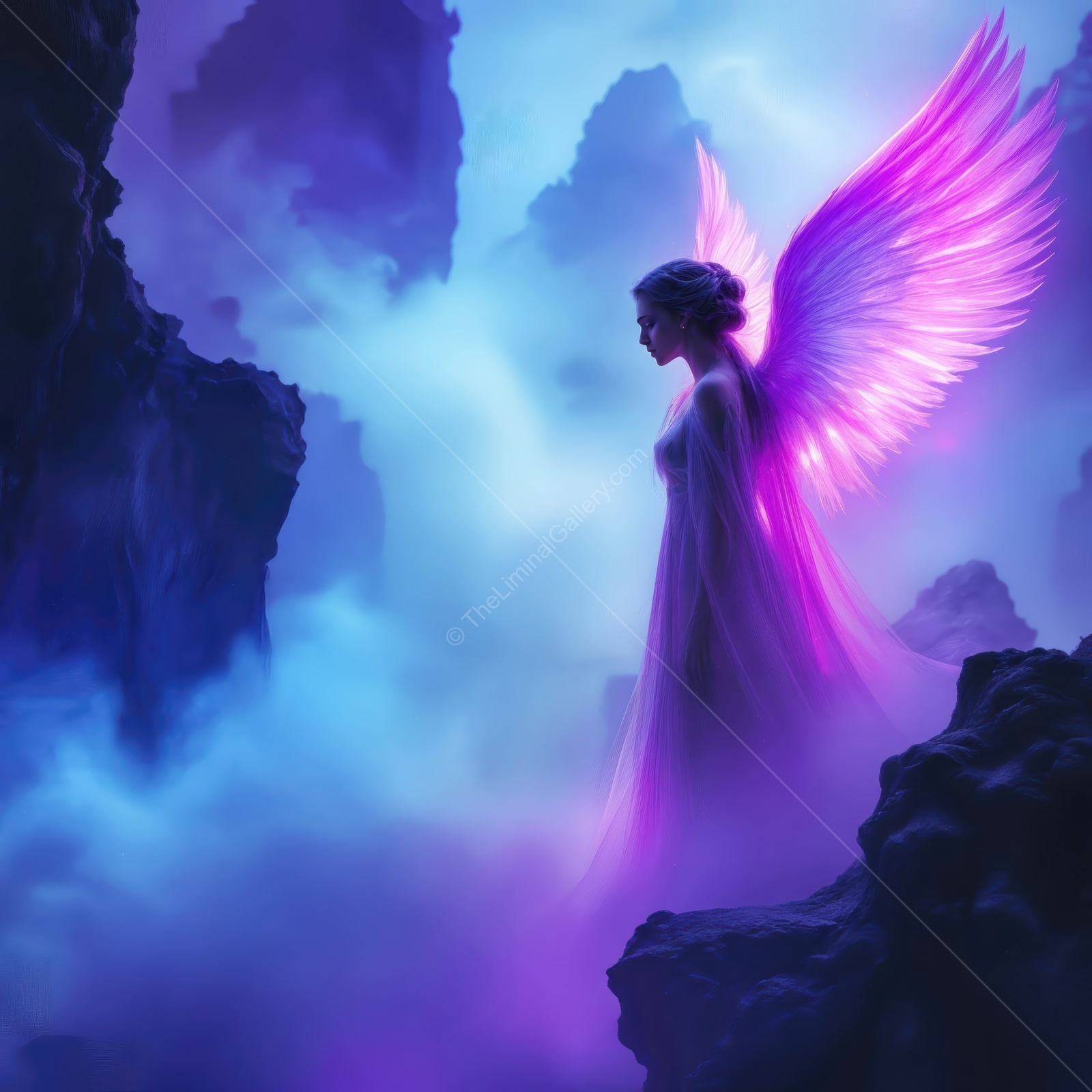Beauty of a glowing angel standing amid mystical clouds in a breathtaking fantasy landscape at twilight