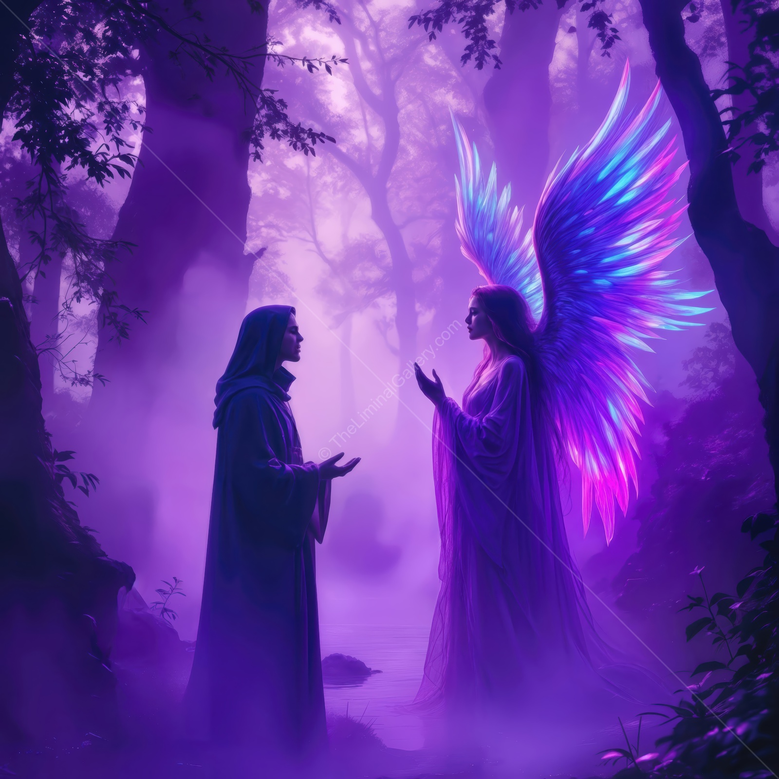 Enchanted encounter in a mystical forest with a glowing angel and a mysterious figure