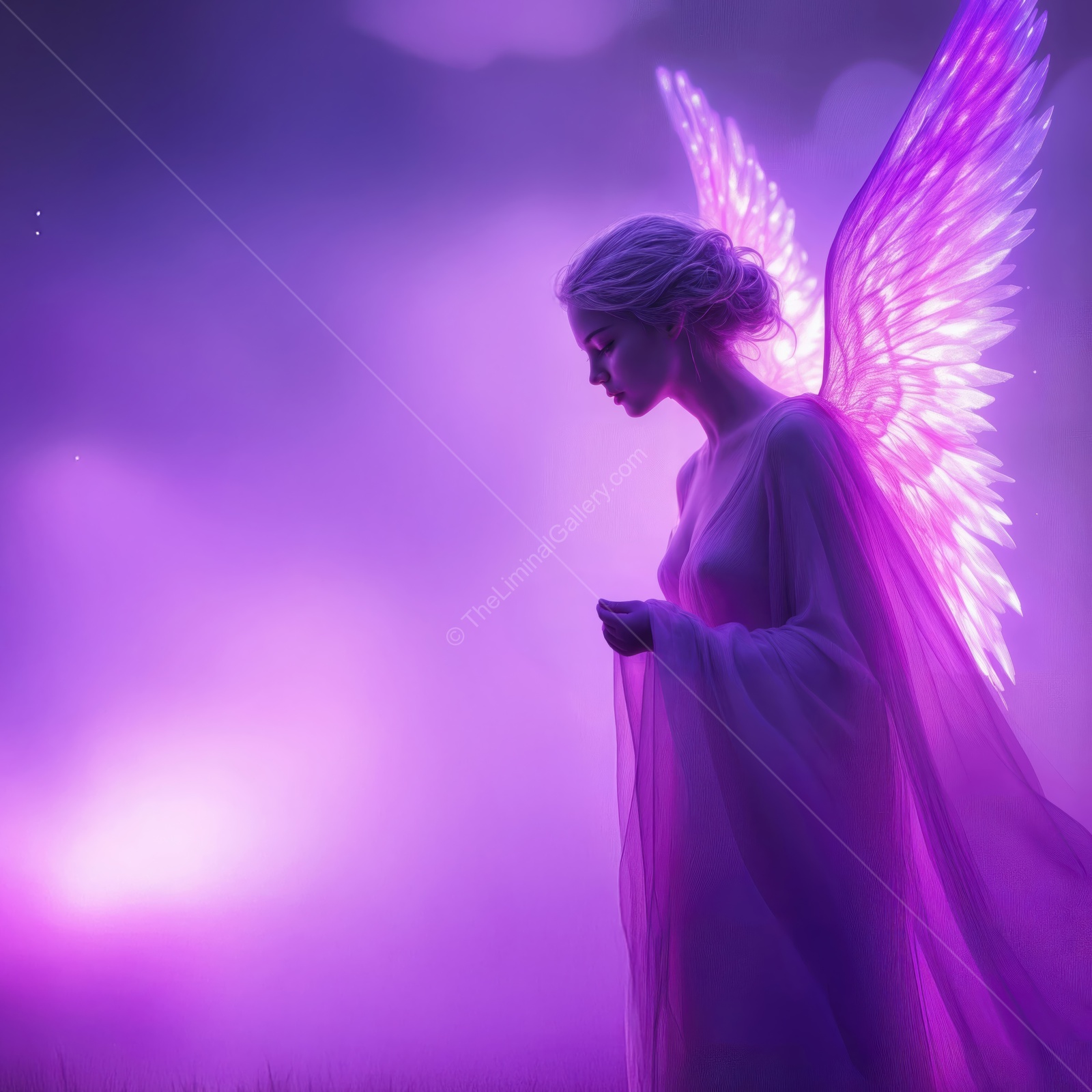 Mystical figure with glowing wings stands in a dreamlike purple landscape at twilight, embodying beauty and magic