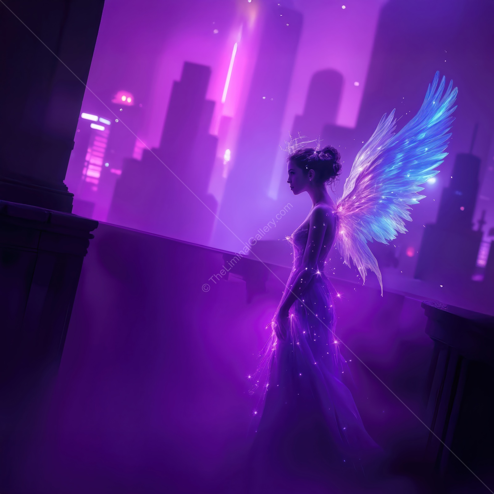 Enchanted figure with glowing wings stands against a vibrant urban skyline at twilight