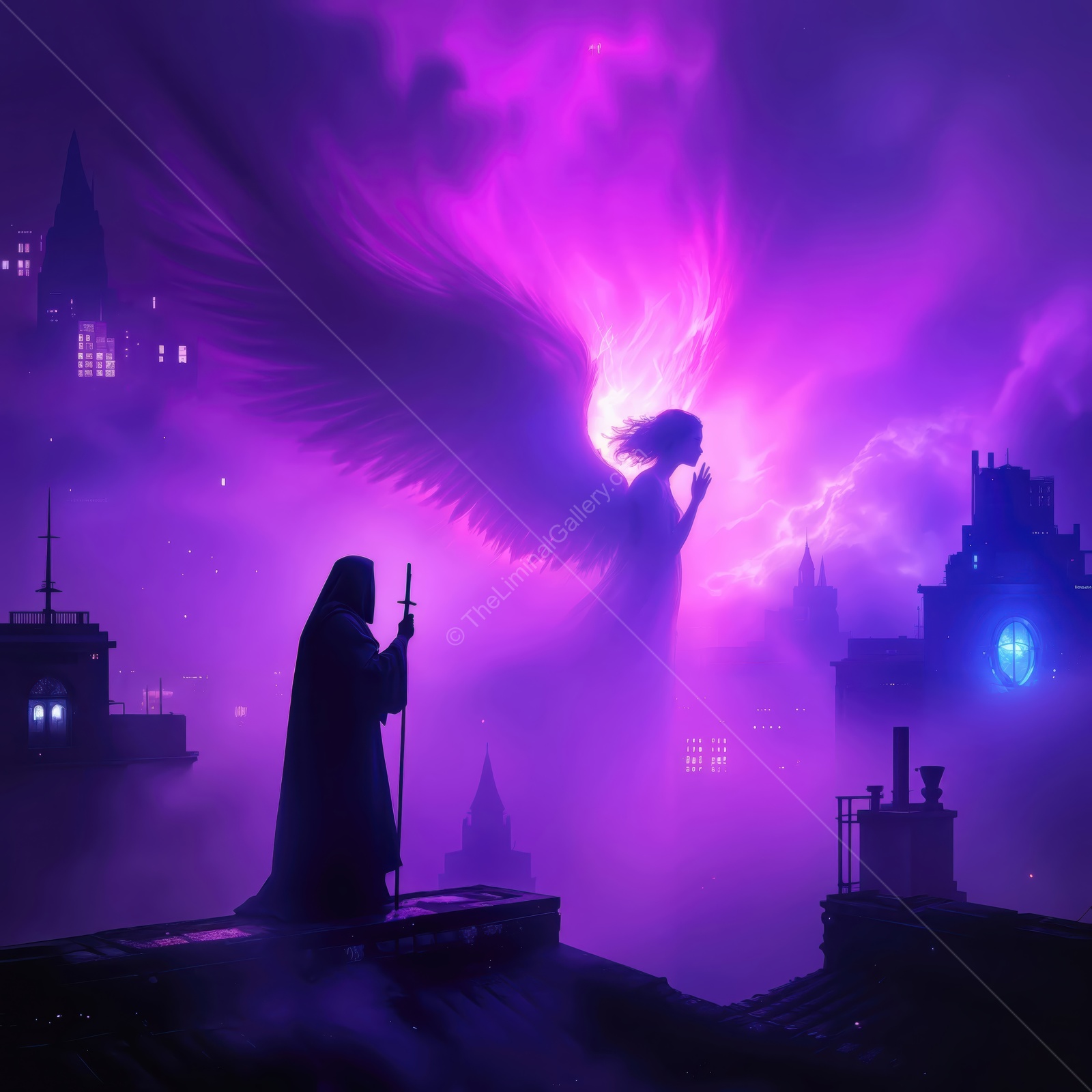 A mystical scene unfolds in a vibrant city skyline at dusk, featuring a guardian angel among the clouds