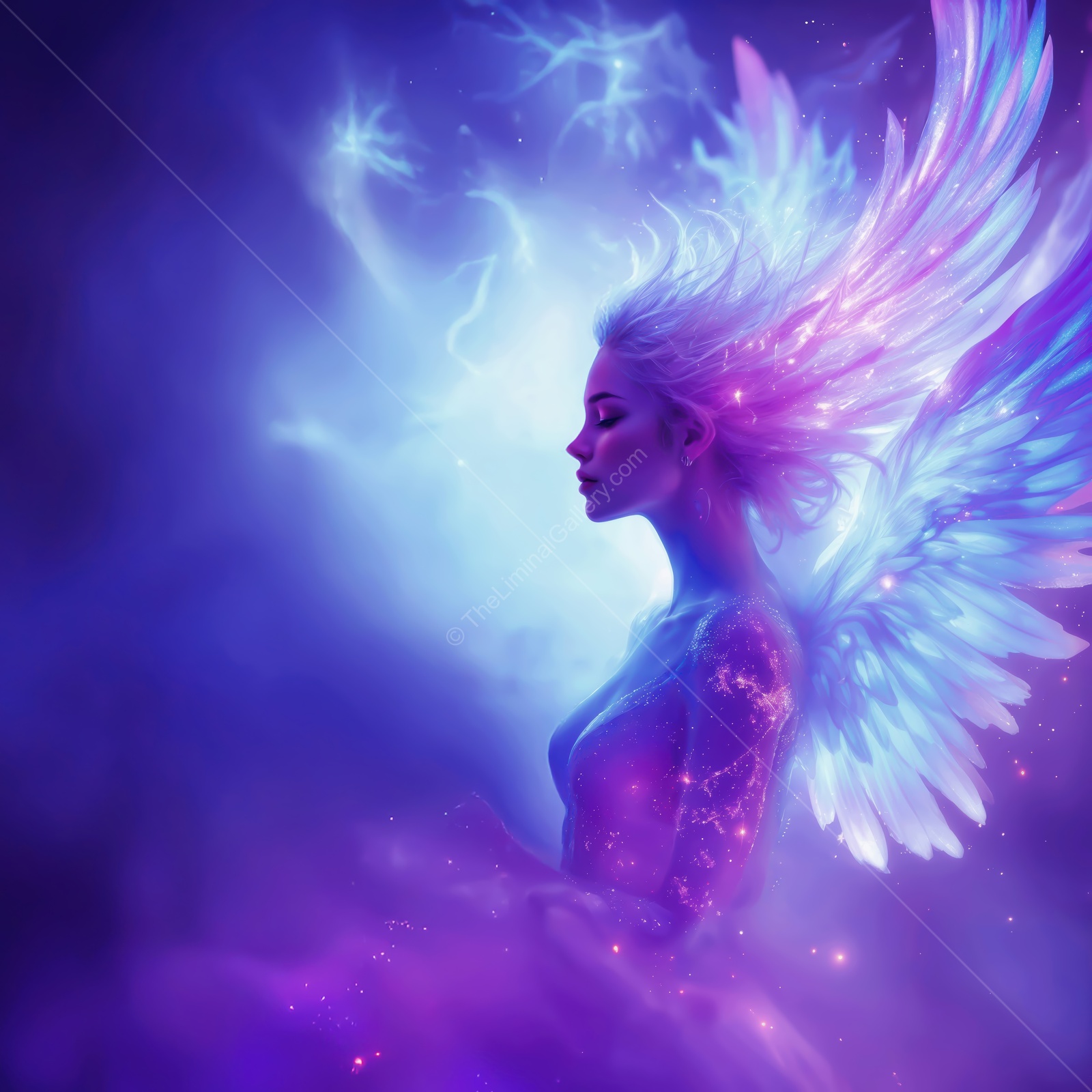 Ethereal guardian of light illuminates a dreamlike realm with vibrant wings and cosmic beauty