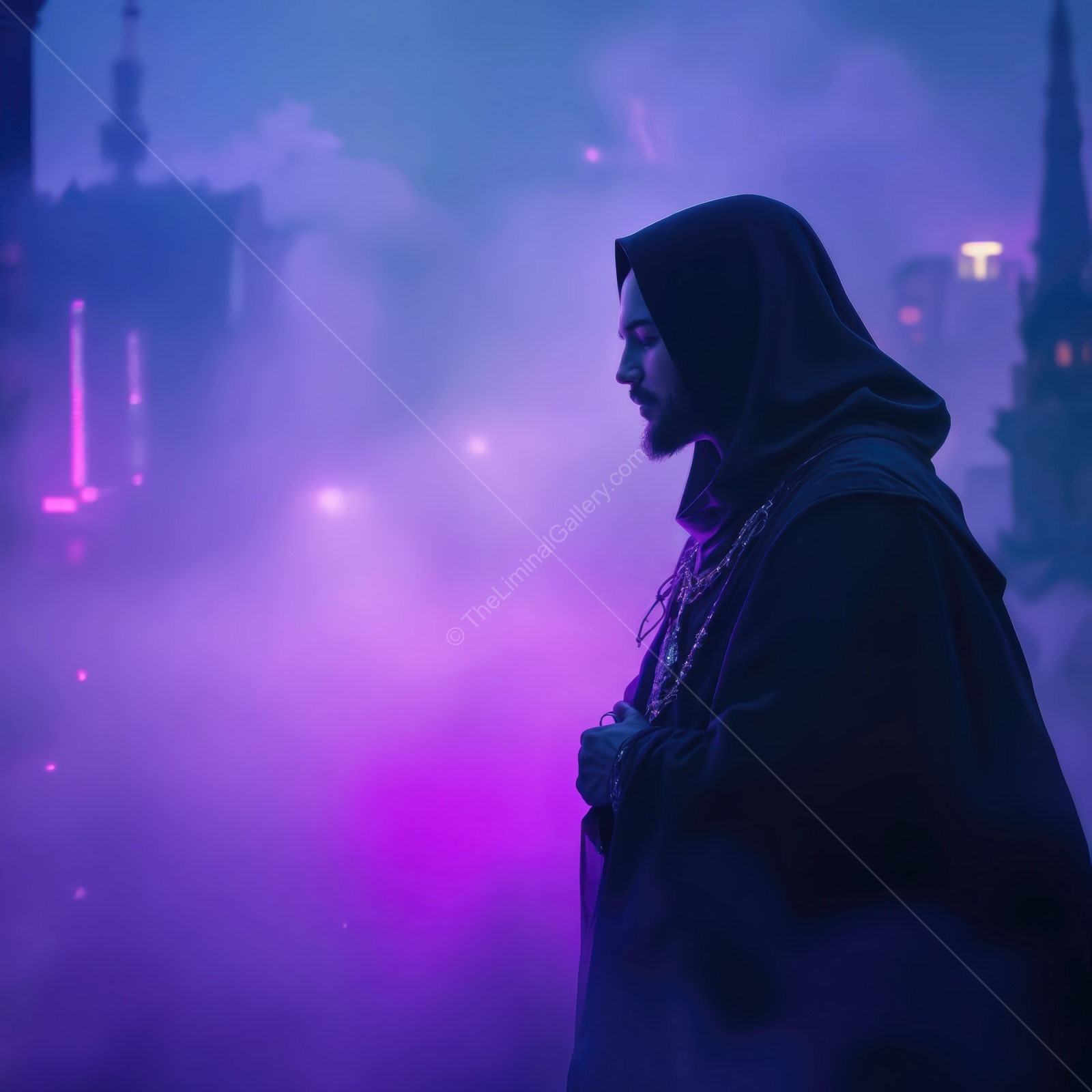 Mysterious figure in a hooded cloak standing against a vibrant purple fog, exploring a futuristic landscape at twilight