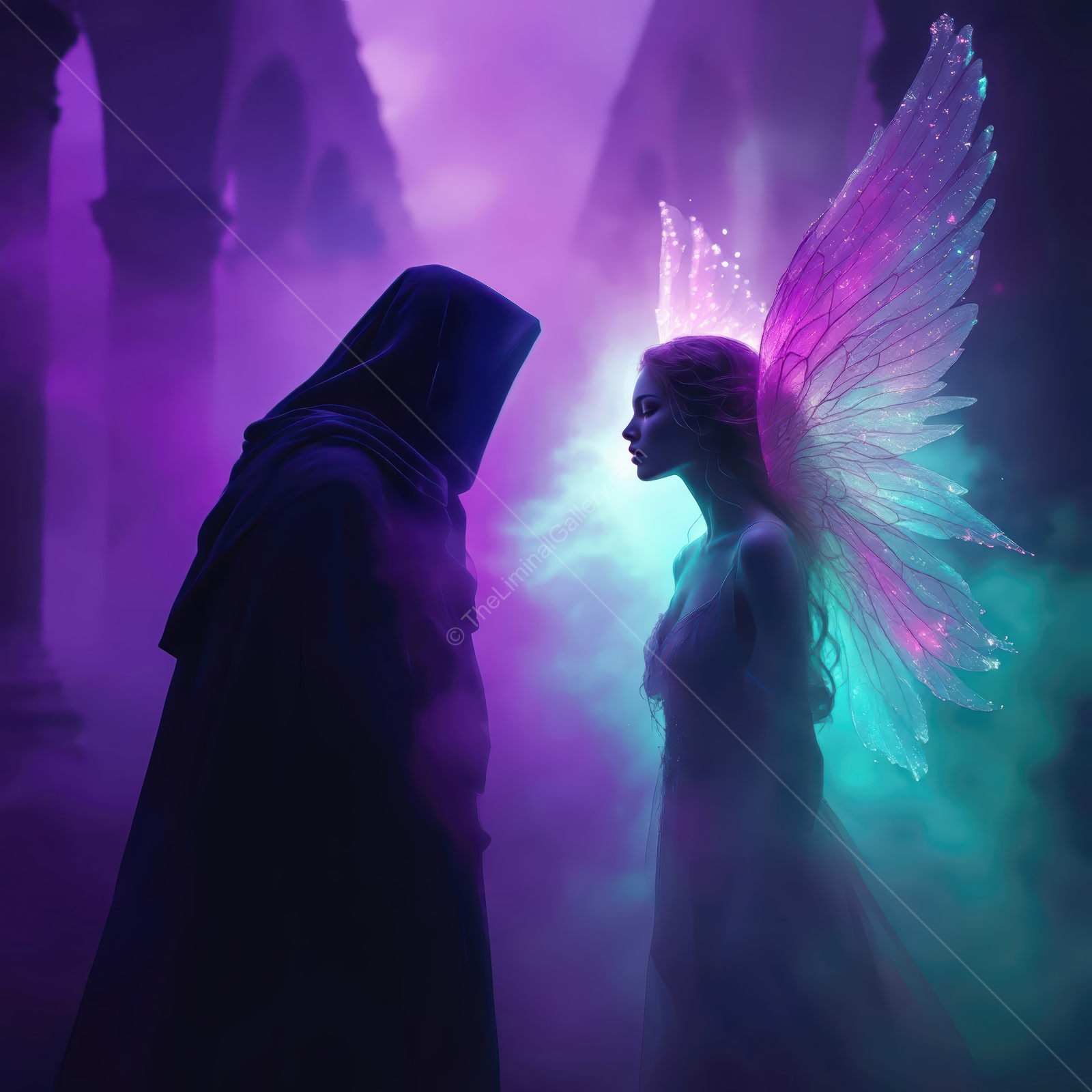 Mysterious encounter between a hooded figure and a radiant angel in an enchanted realm at twilight