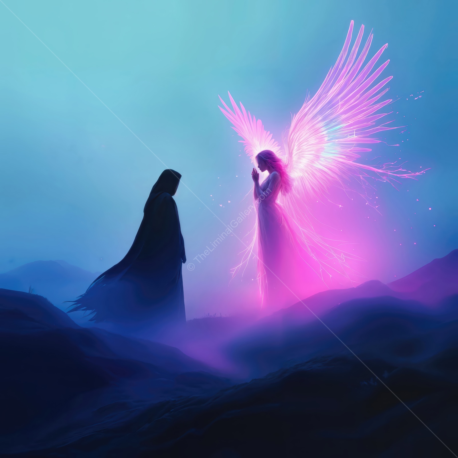 Enigmatic encounter between light and shadow at twilight with celestial beings in ethereal landscape