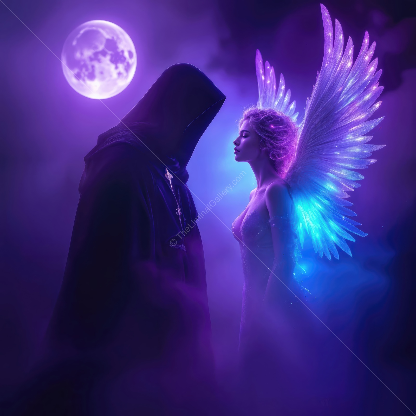 A mystical encounter between light and darkness under a glowing moon at twilight
