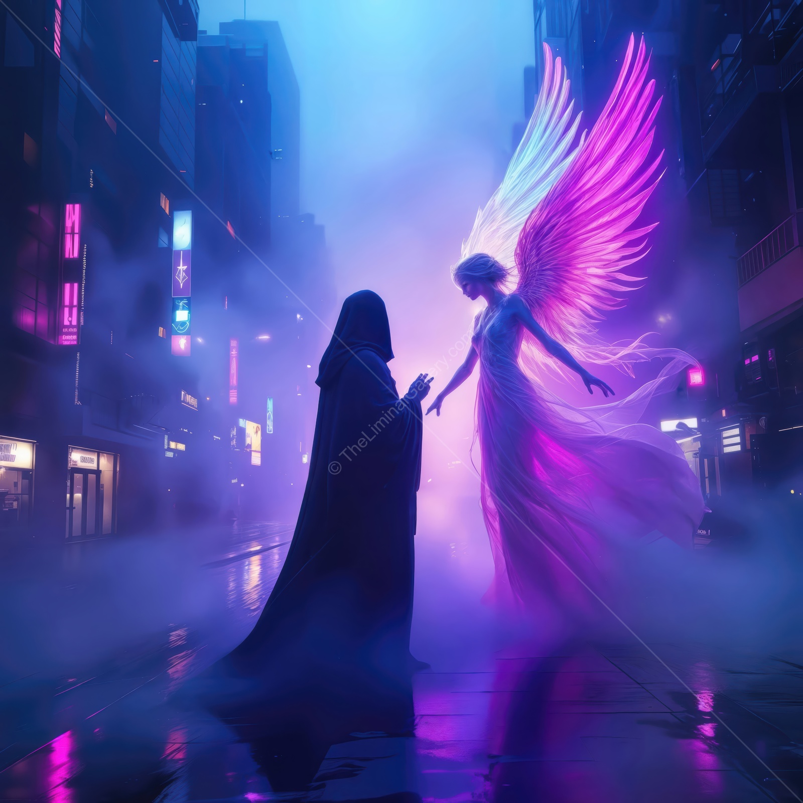 Encounter between light and shadow in a vibrant city at night with celestial beings