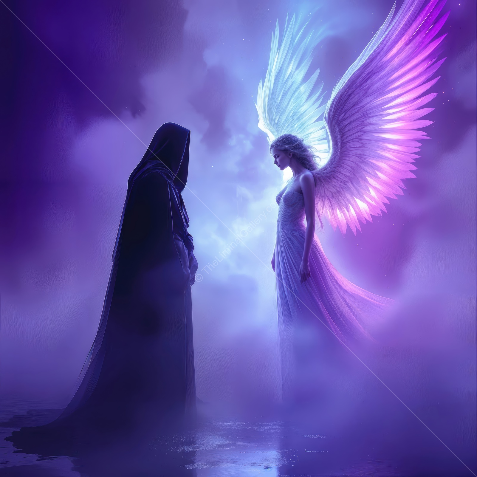 Mysterious encounter between light and darkness in a surreal dreamscape