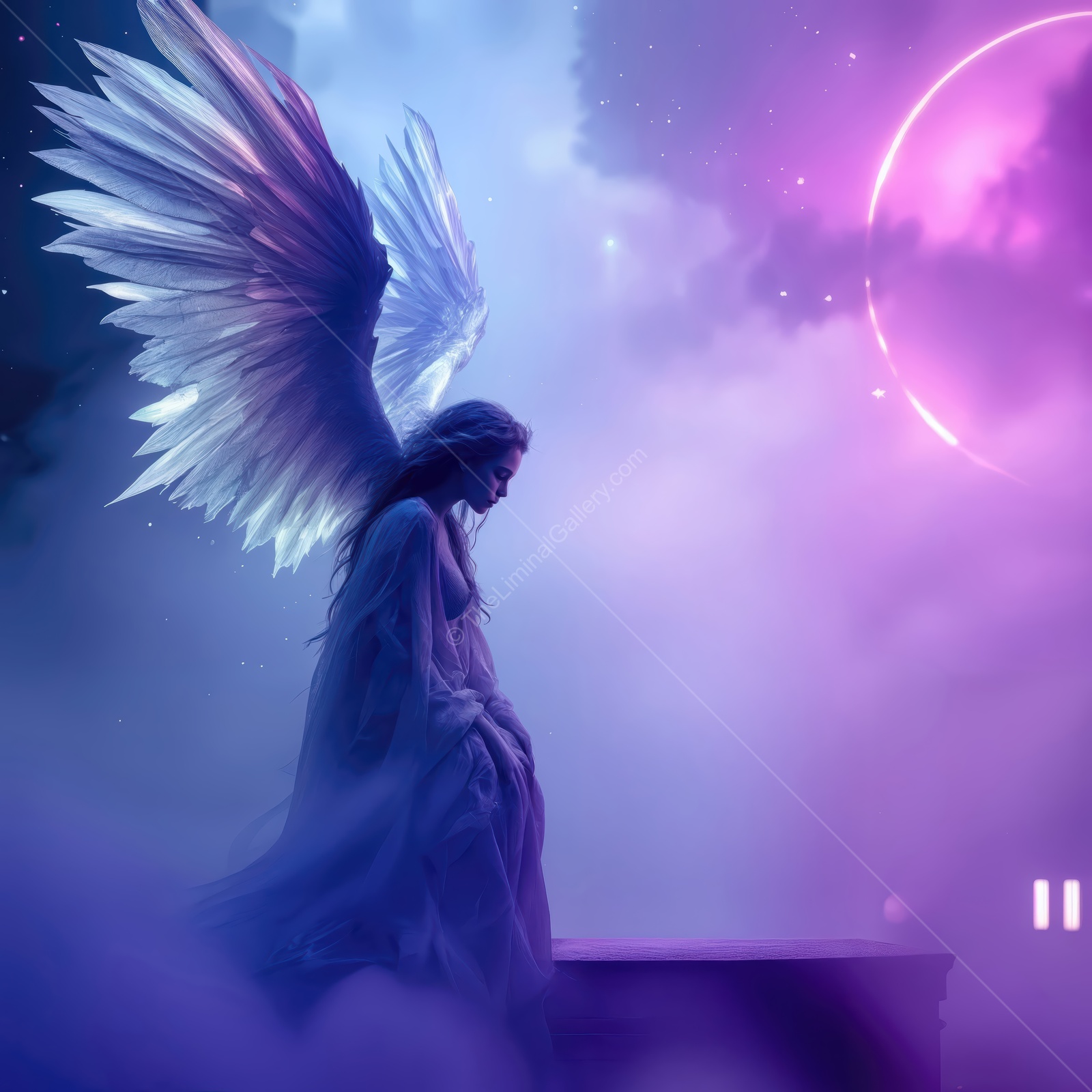 Majestic angel descending through vibrant clouds under a cosmic sky