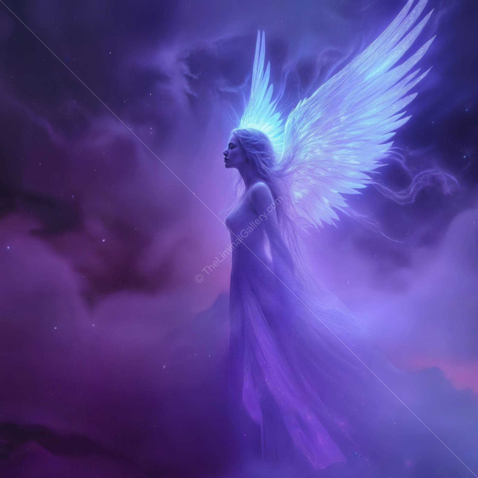 Majestic angel emerges from ethereal mist under a starlit cosmic sky at twilight