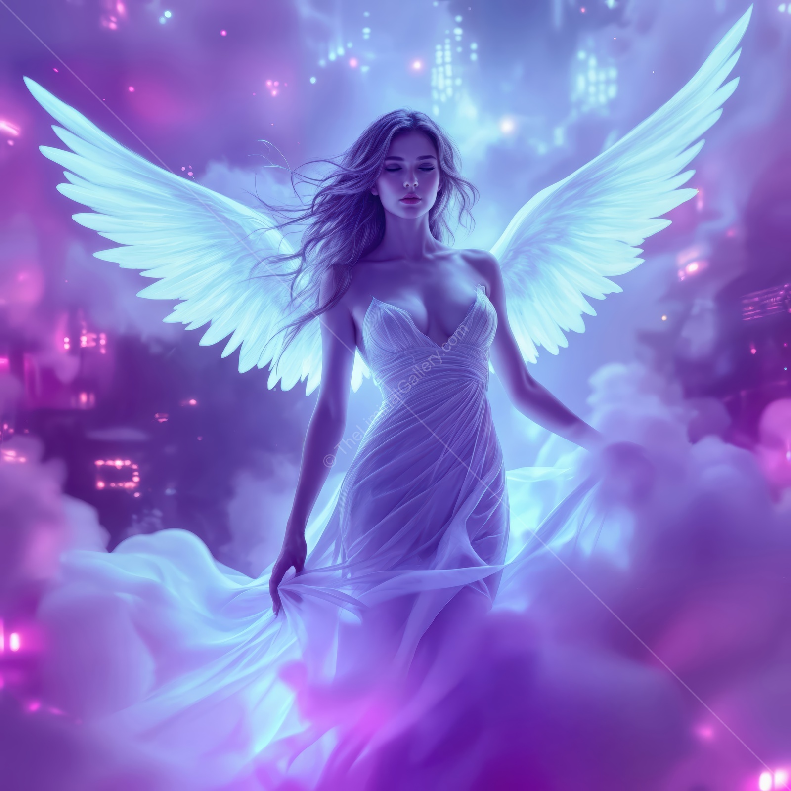 Majestic angel with luminous wings emerging from shimmering clouds in a vibrant night scene