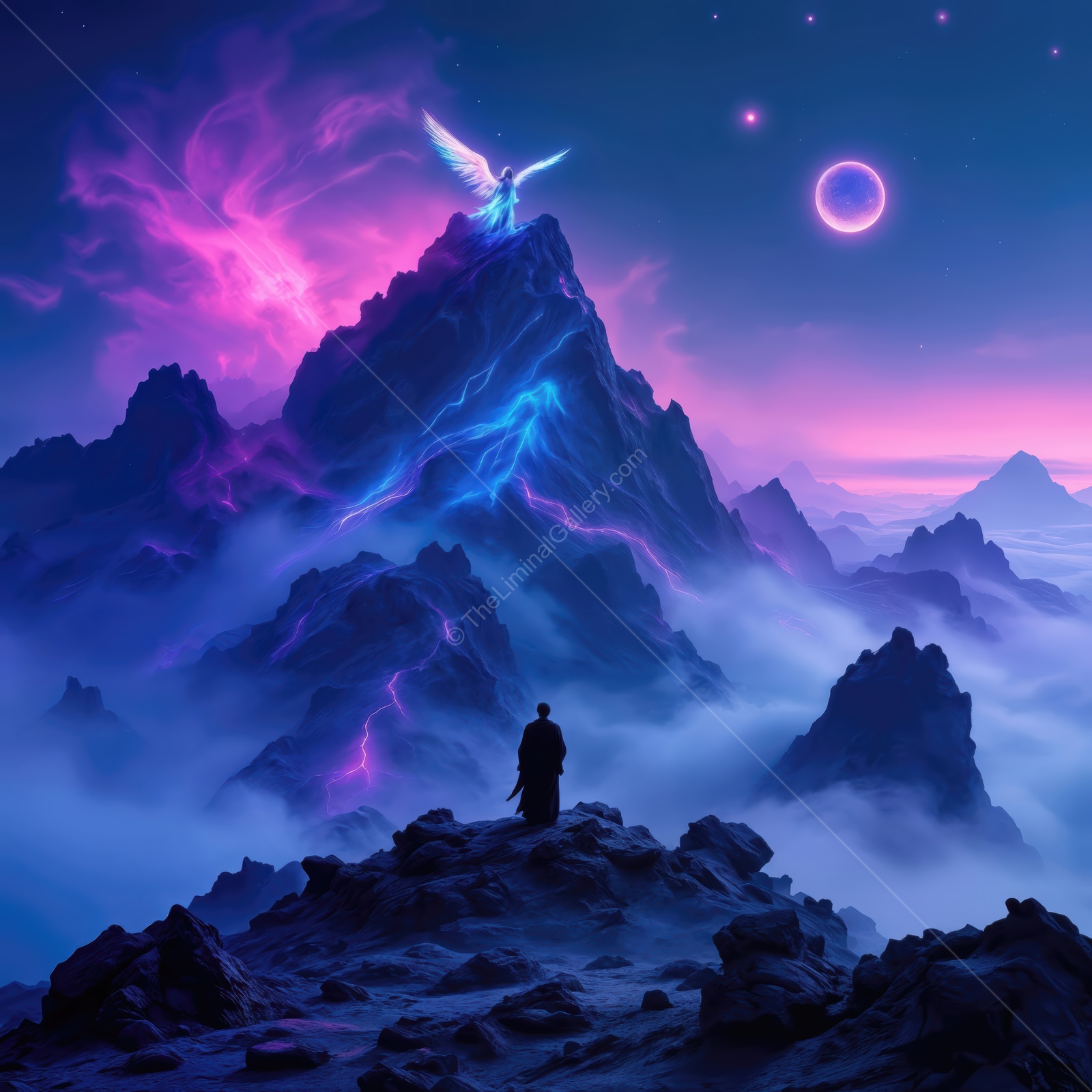 Majestic angel atop a glowing mountain under a cosmic sky at twilight