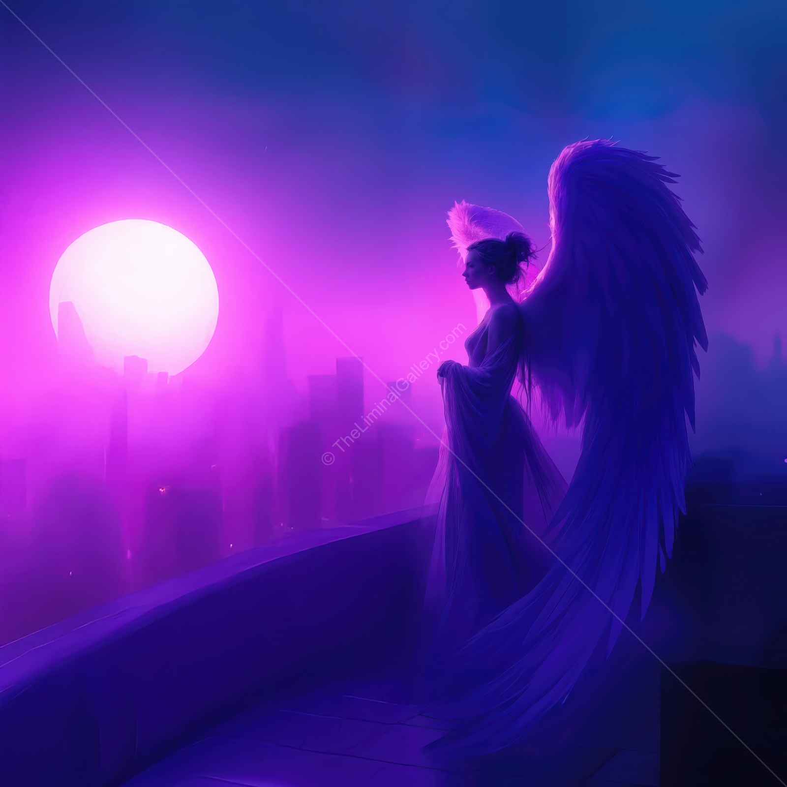 Majestic angel overlooking a vibrant cityscape during sunset with shades of purple and pink illuminating the sky