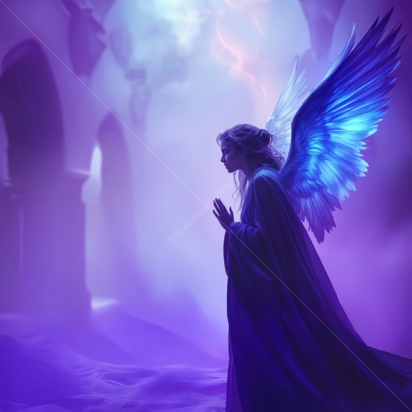 Majestic figure with luminous wings prays in a mystical realm bathed in ethereal light during twilight hours