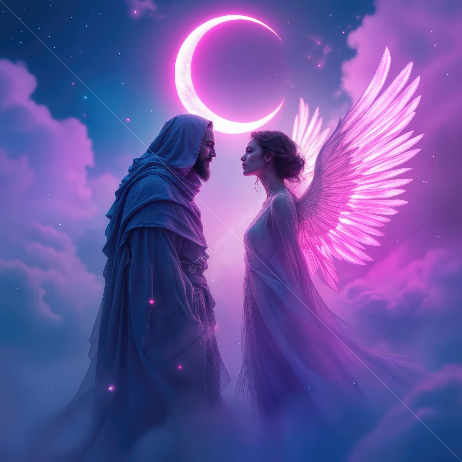 Enchanted encounter under a glowing moonlight with celestial beings embracing the magic of night