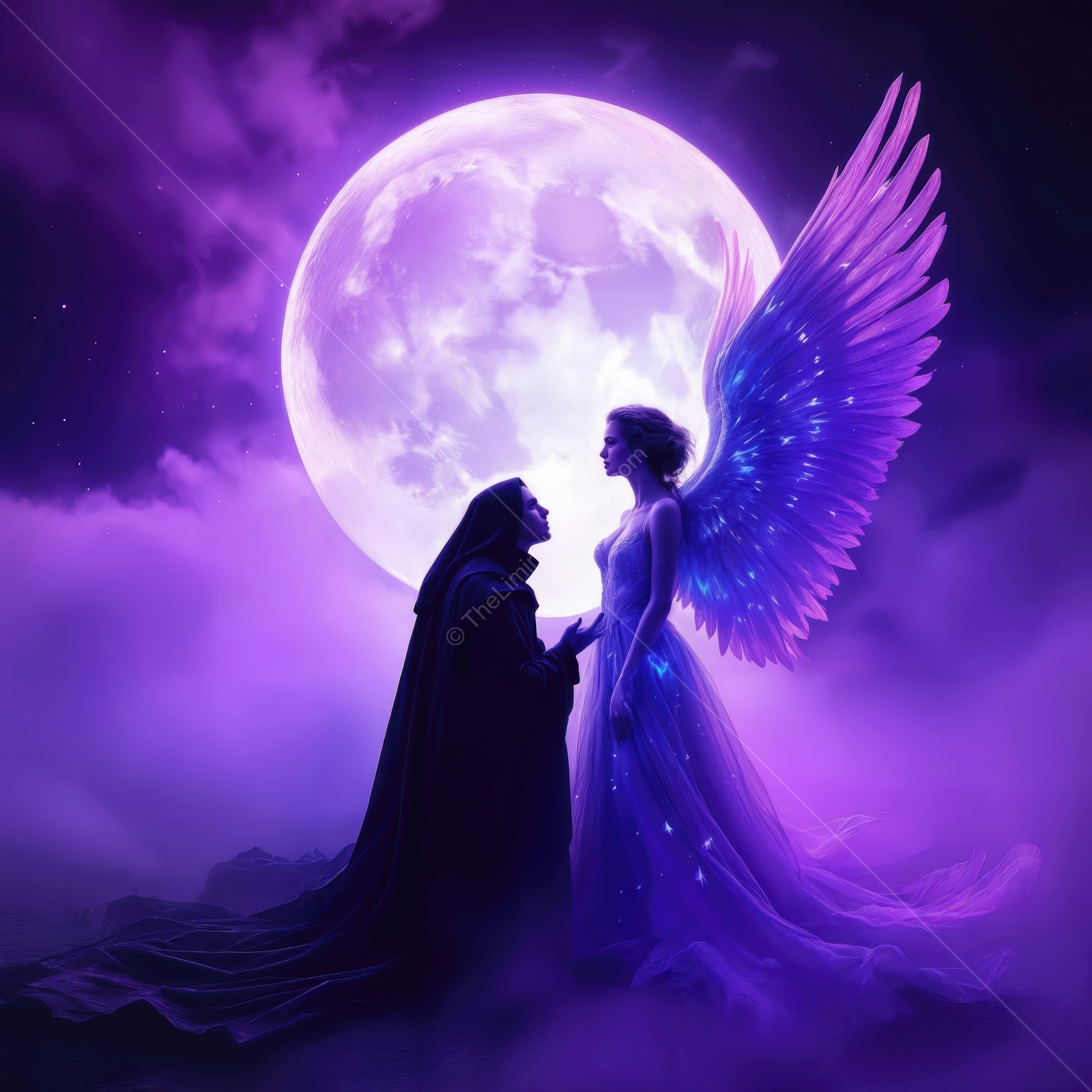 Enchanting encounter by the luminous moon with mystical beings embracing fate in a twilight realm