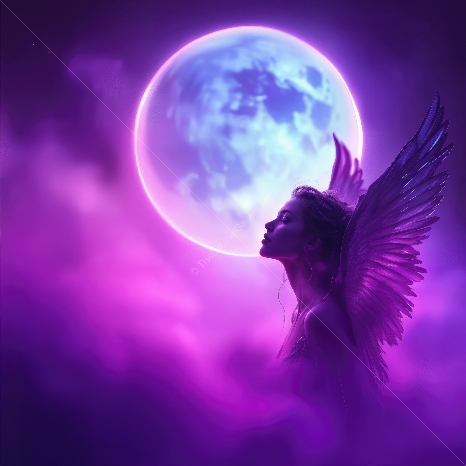 Mysterious angel in a dreamy nightscape with a glowing moon and swirling purple clouds