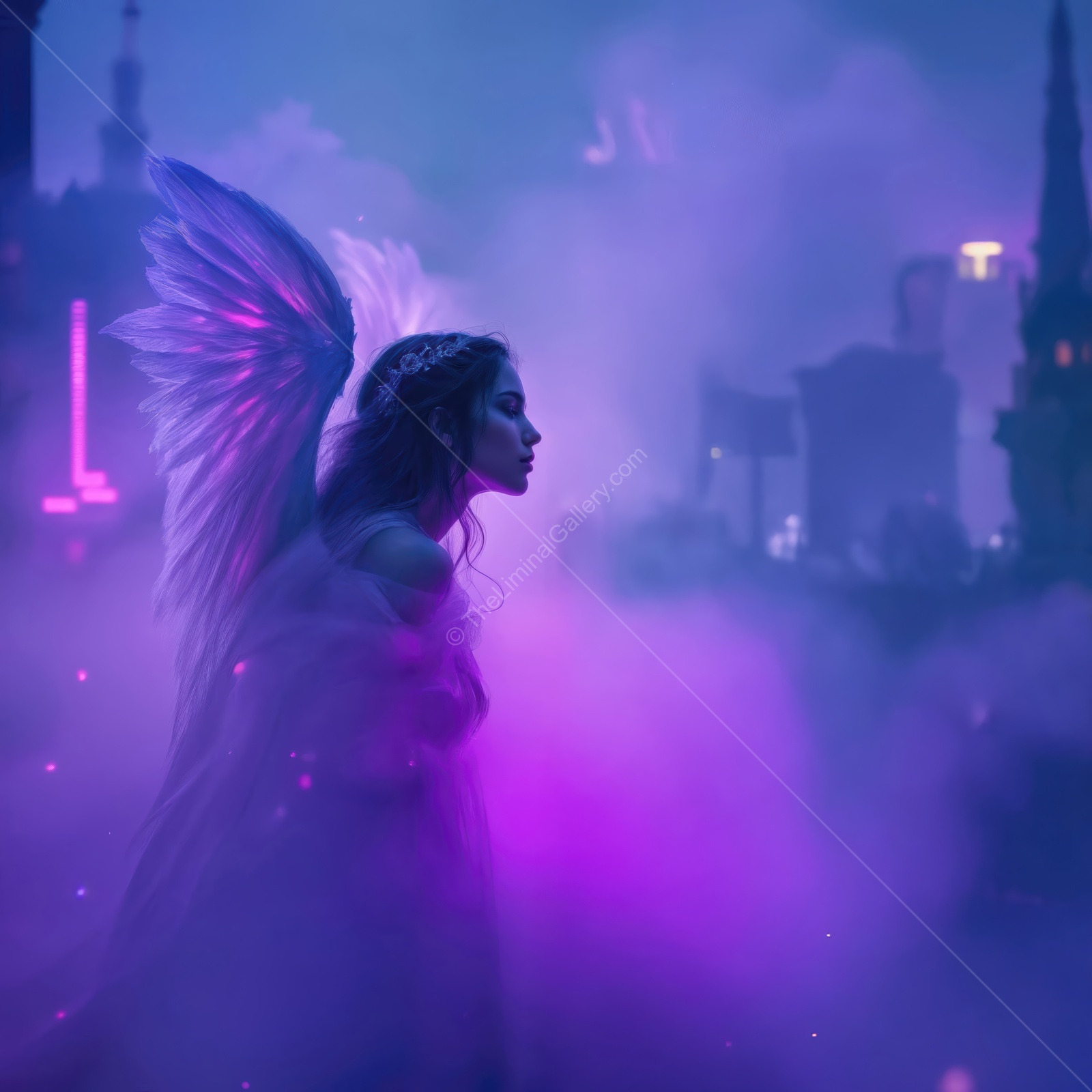 Mystical angel in a dreamlike urban landscape at twilight