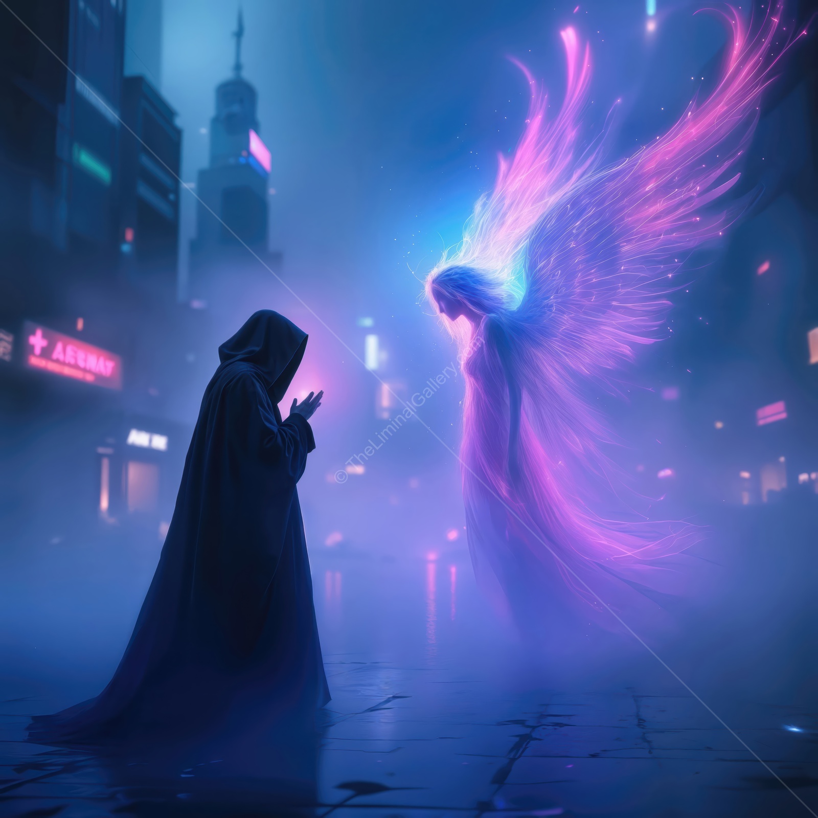 Mysterious encounter in a neon-lit city with an ethereal angel and a cloaked figure at twilight