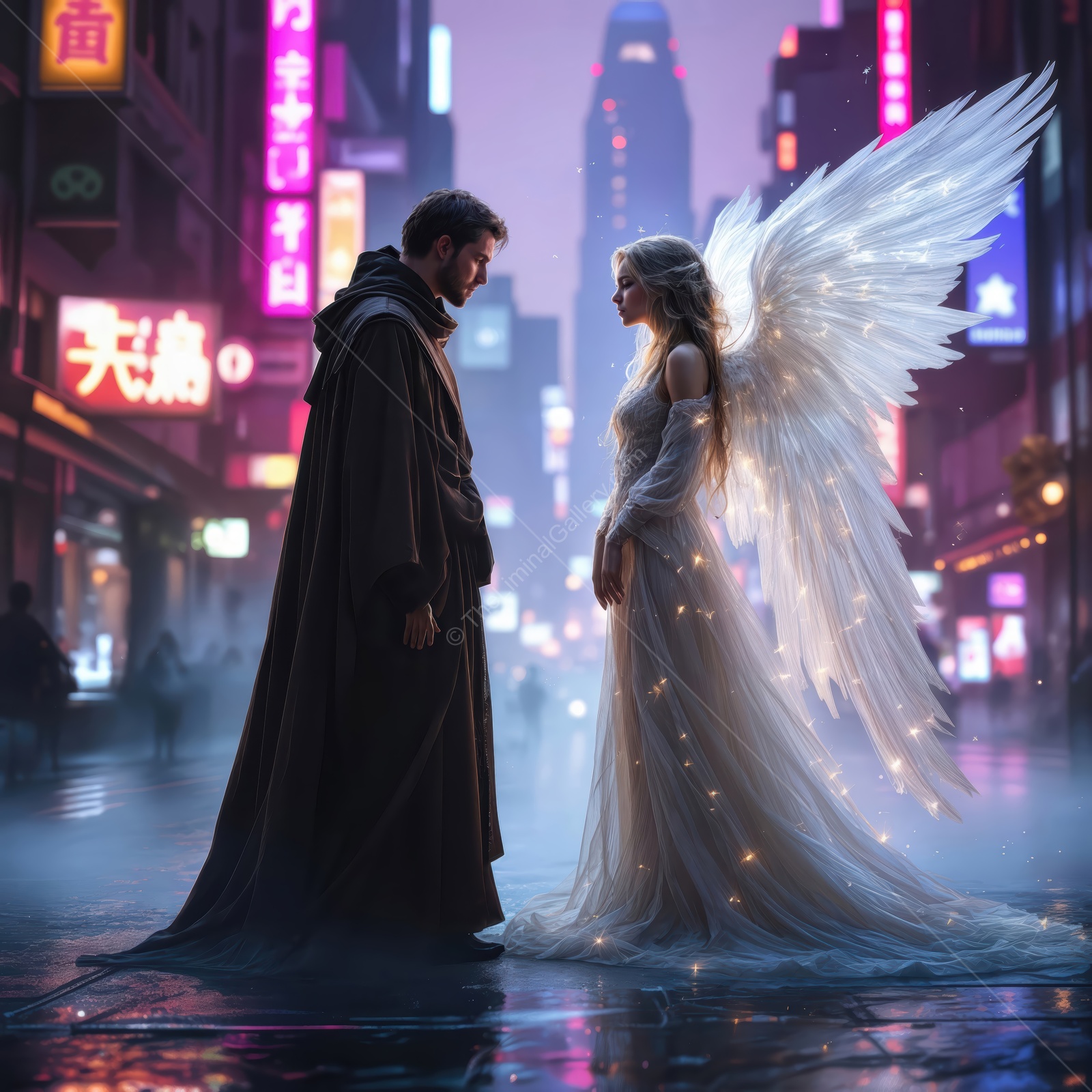 Enchanted encounter in a neon-lit city at night