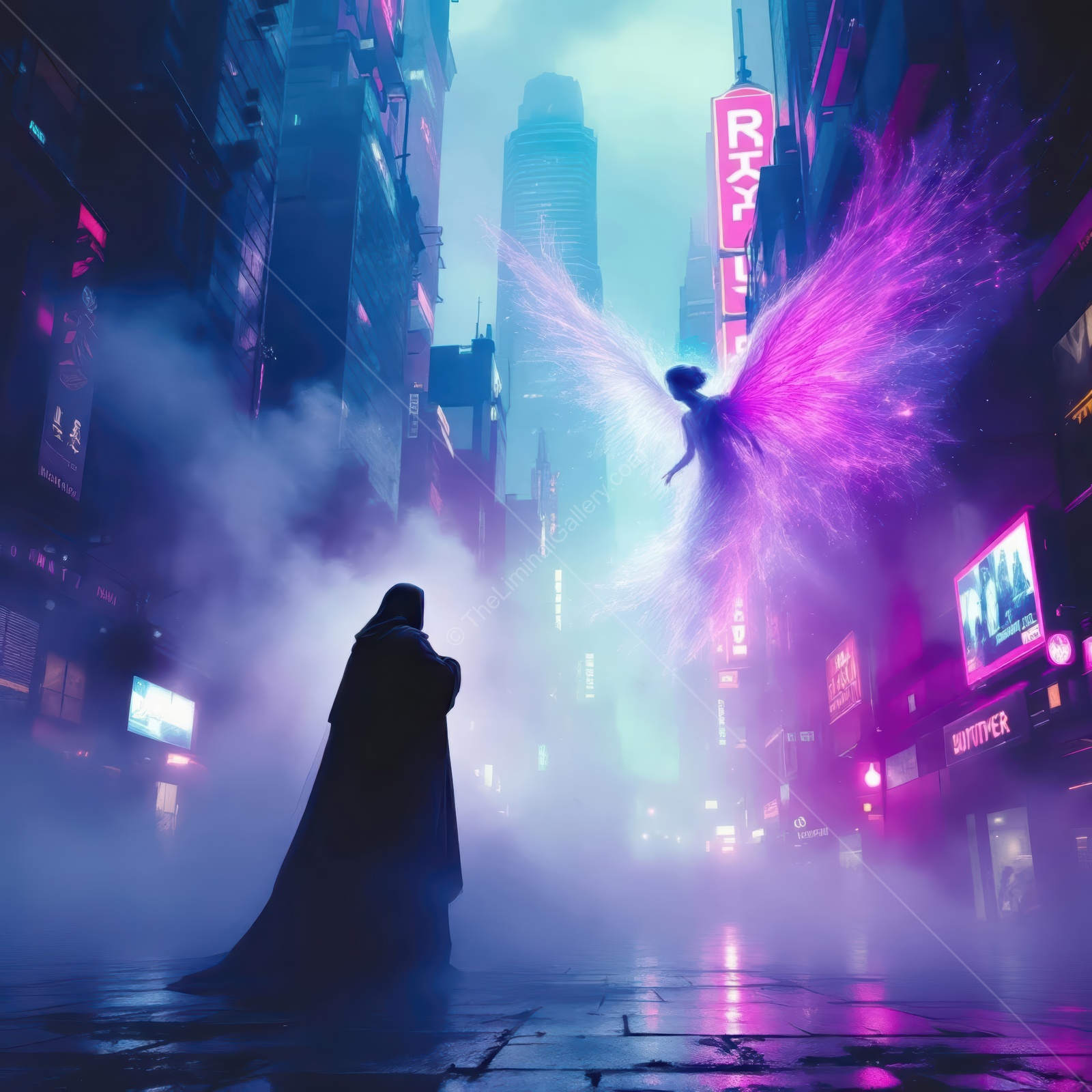 Mysterious encounter in a neon city with a magical figure soaring through fog