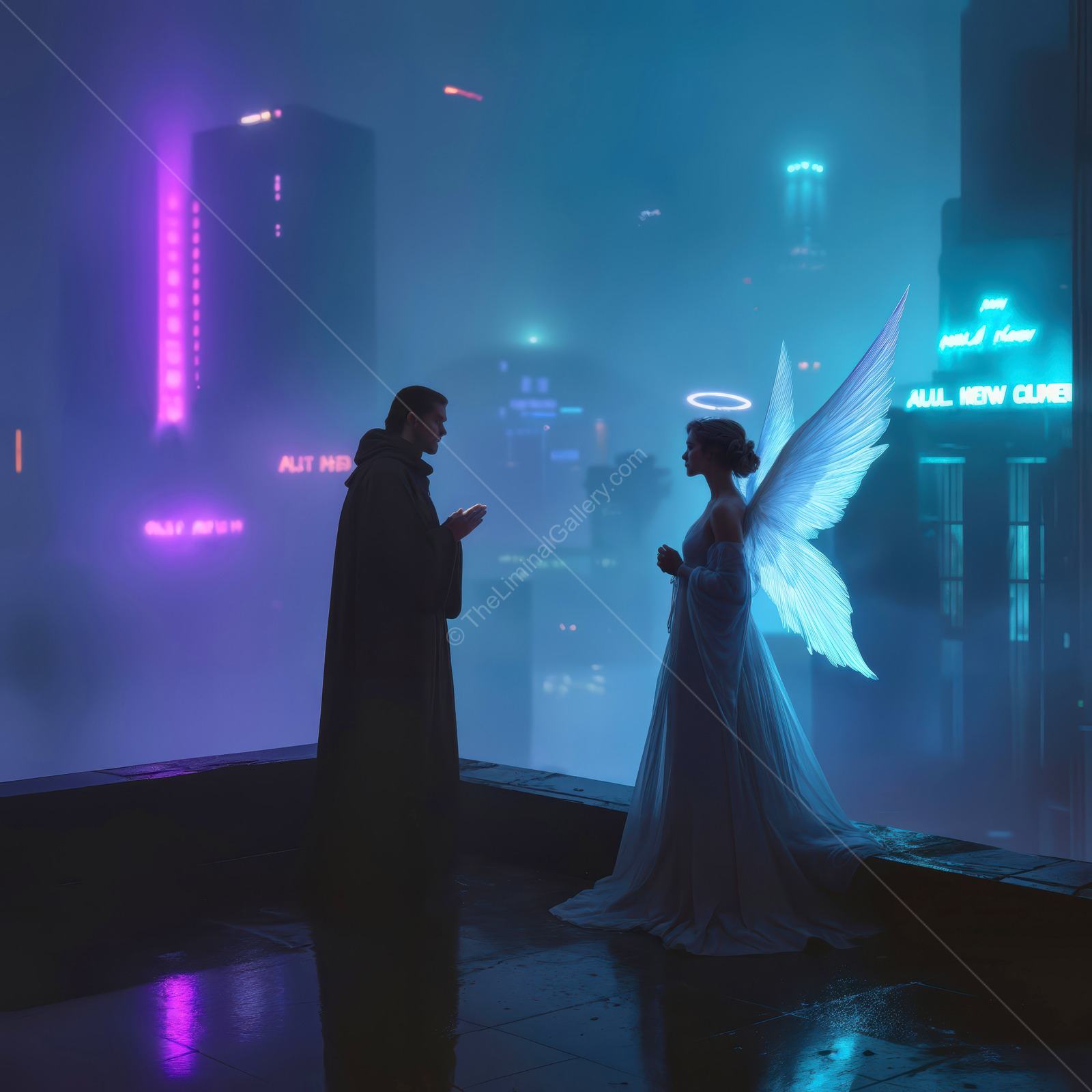 Mystical encounter on a rooftop at night with neon lights illuminating the scene