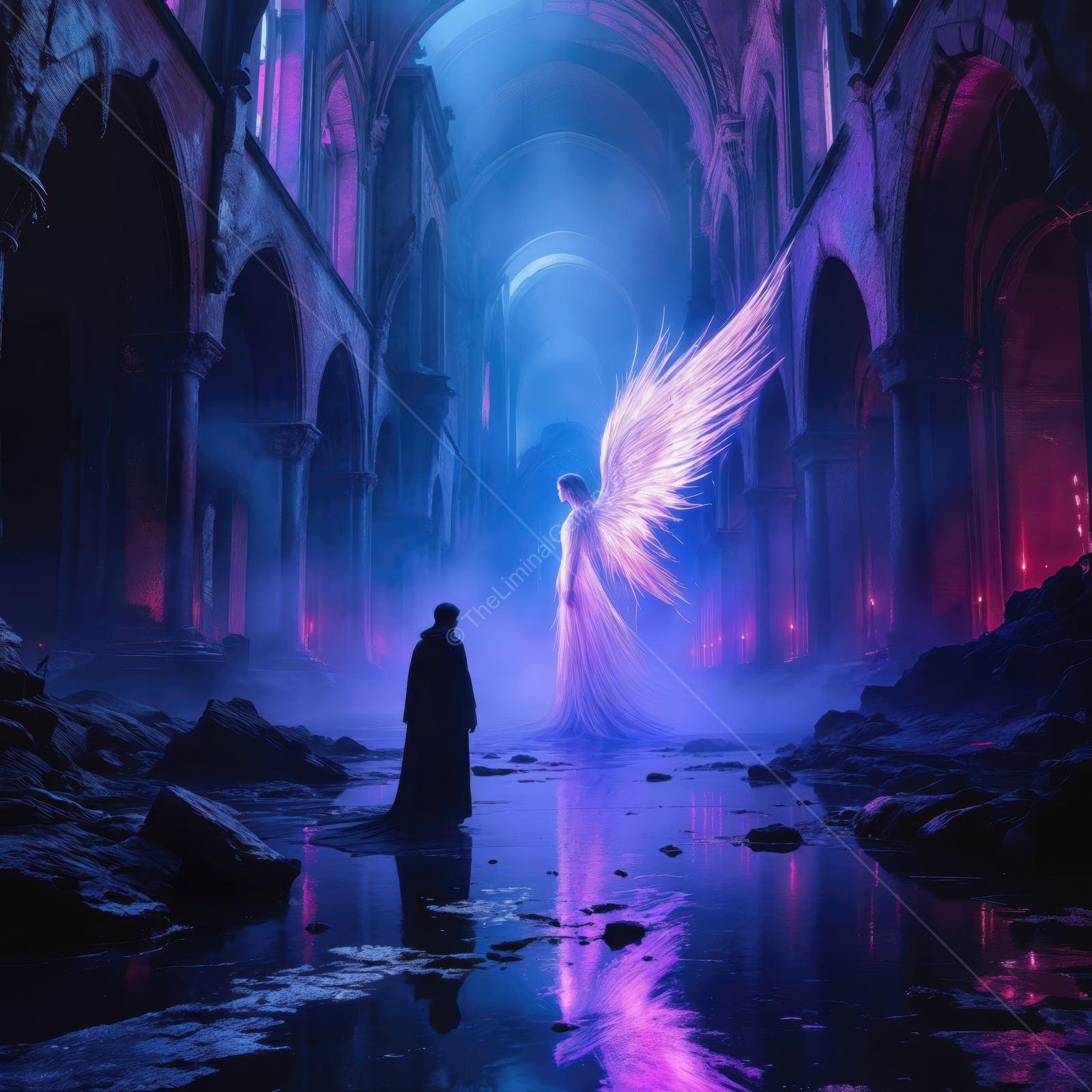 In a mystical ruins, a figure encounters a radiant angel with glowing wings at twilight