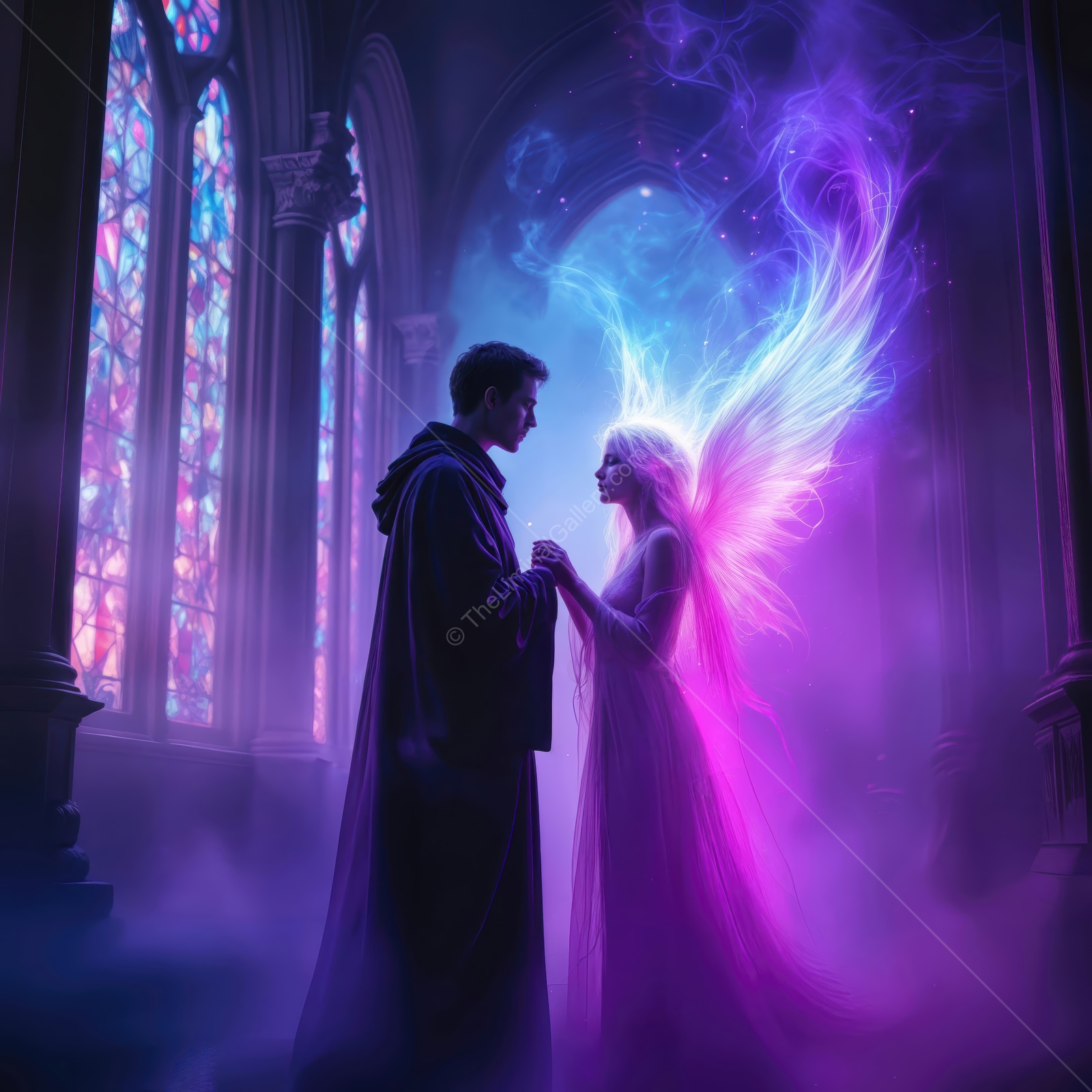 Mystical encounter between a sorcerer and a angel amidst enchanted stained glass at twilight