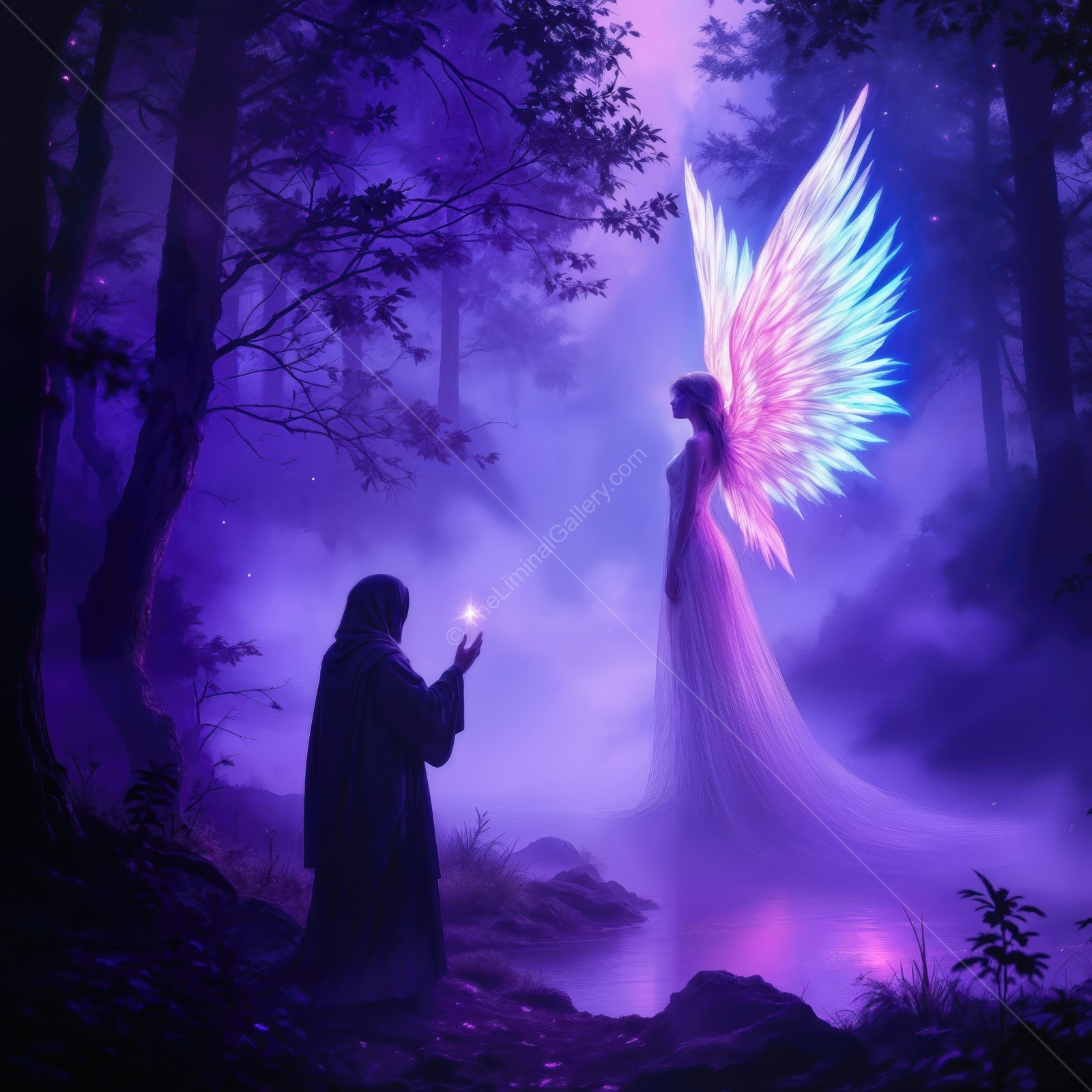Mystical encounter in a twilight forest with a radiant figure and glowing wings