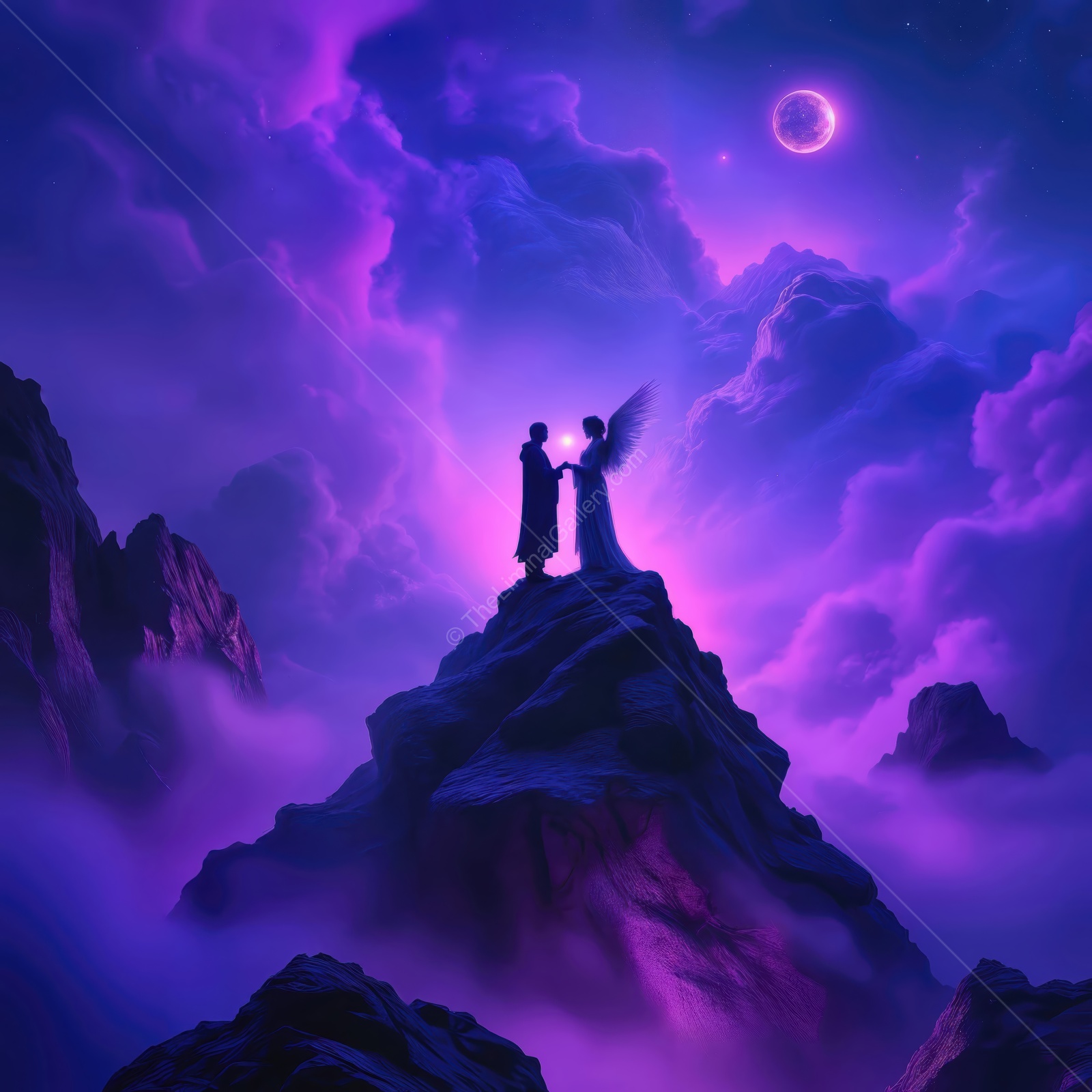 Two figures atop a mystical mountain embrace under a vibrant purple night sky illuminated by celestial bodies