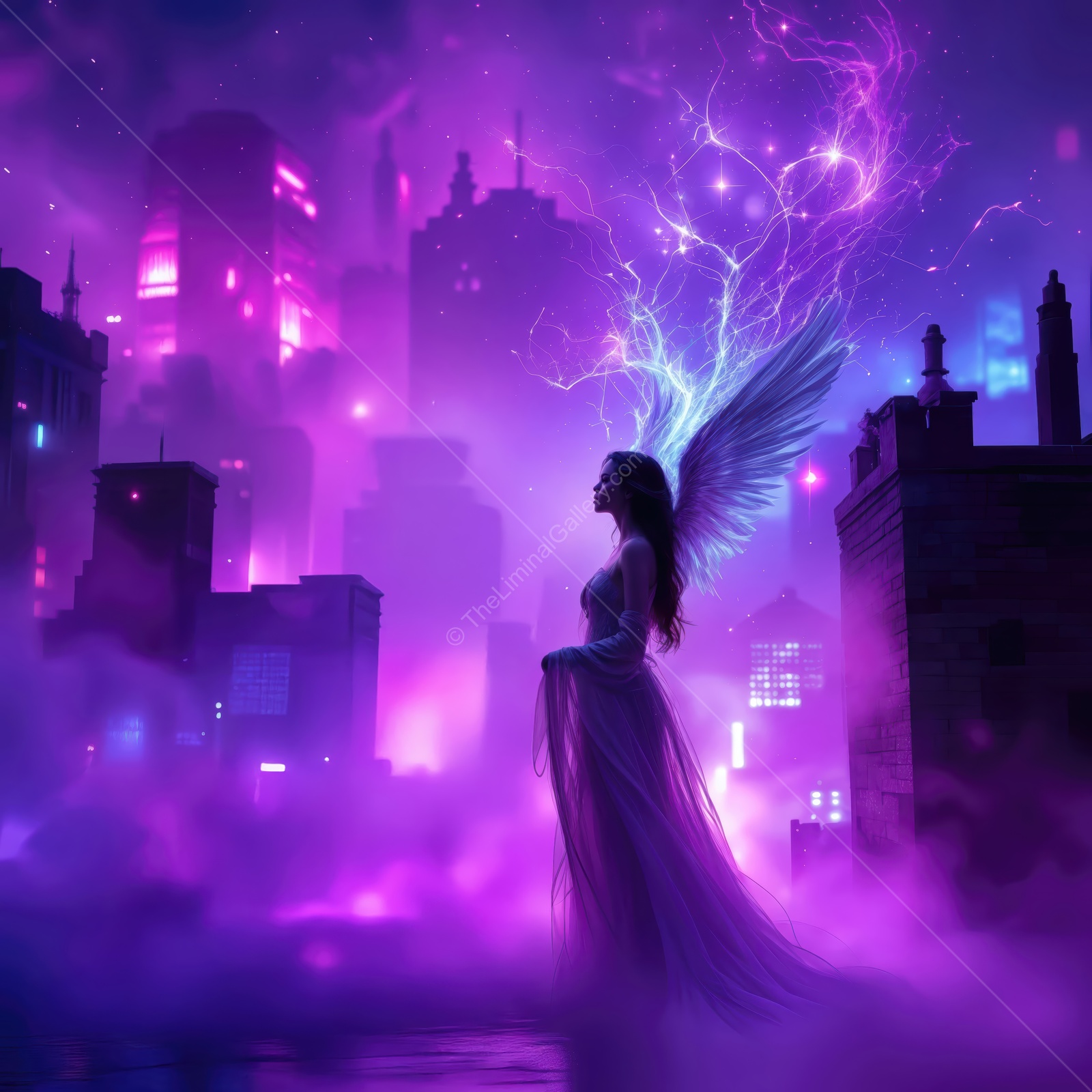 Enchanting figure with wings illuminated by vibrant city lights in a mystical urban landscape at dusk