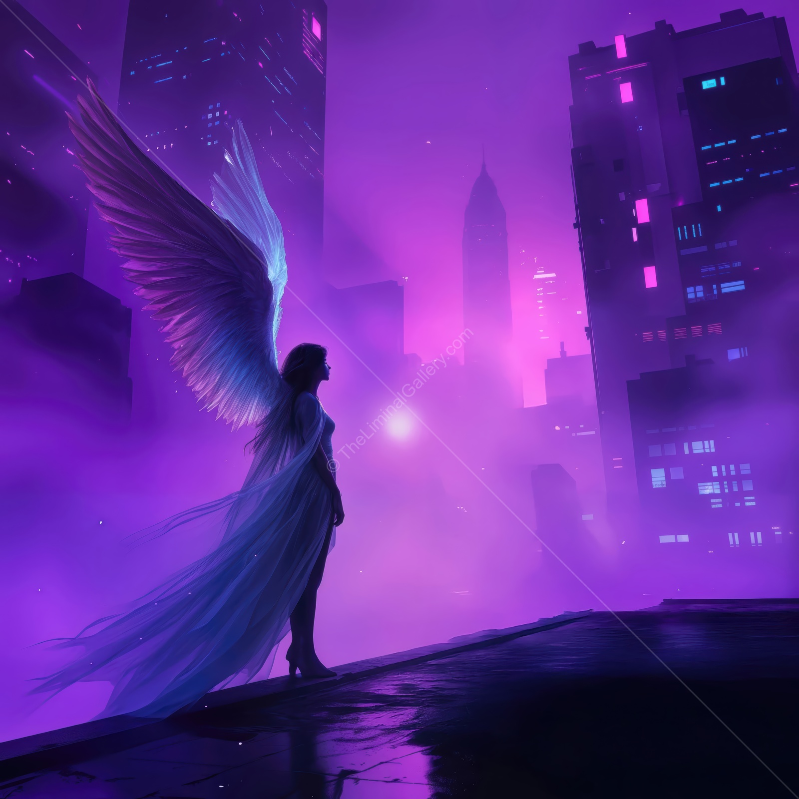 City skyline illuminated by vibrant purple hues as a figure with majestic wings gazes at the futuristic skyline at night
